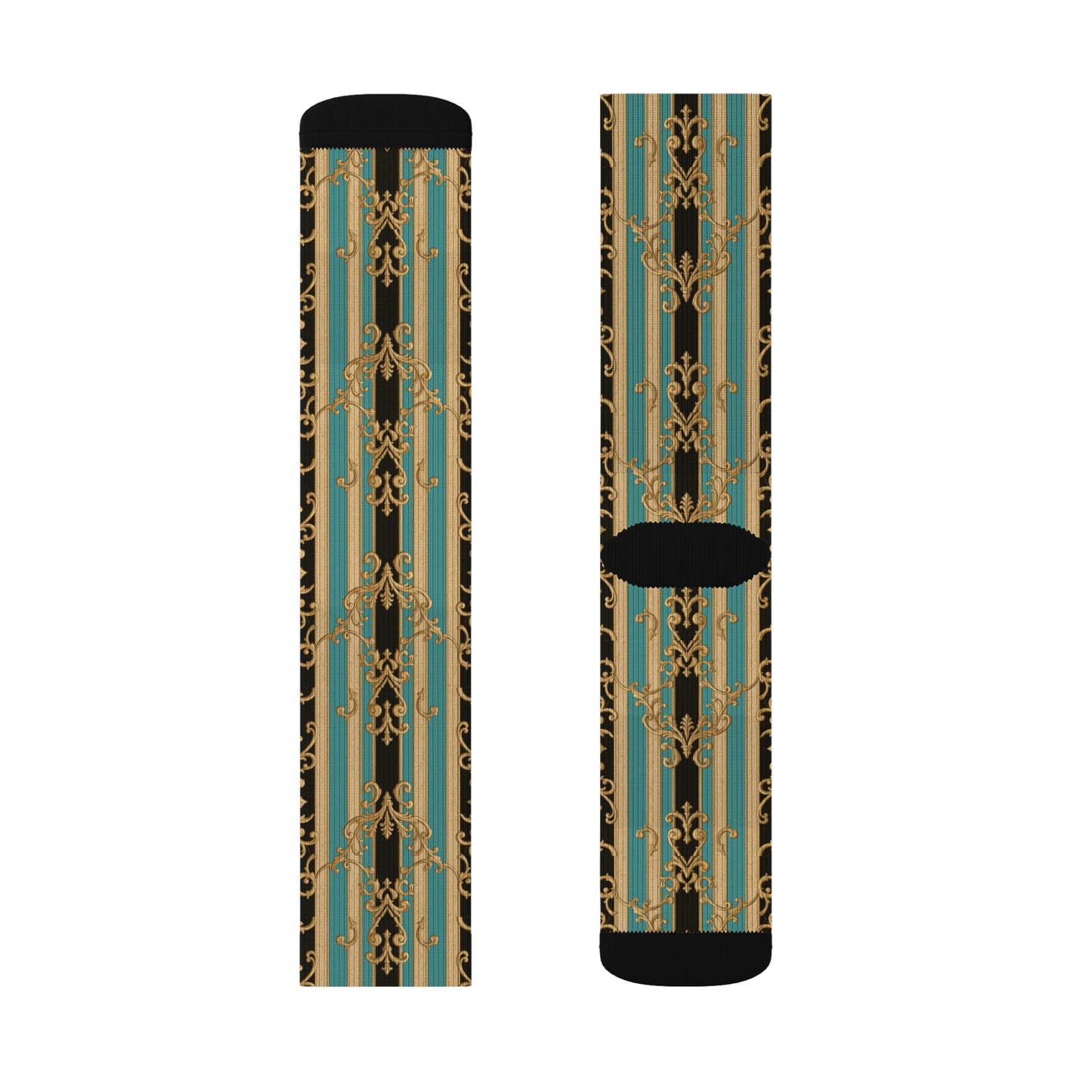 Stylish Black, Tan & Ocean Green Striped Gold Baroque Sublimation Socks, Unique Fashion Footwear, Trendy Gift for Fashion Lovers