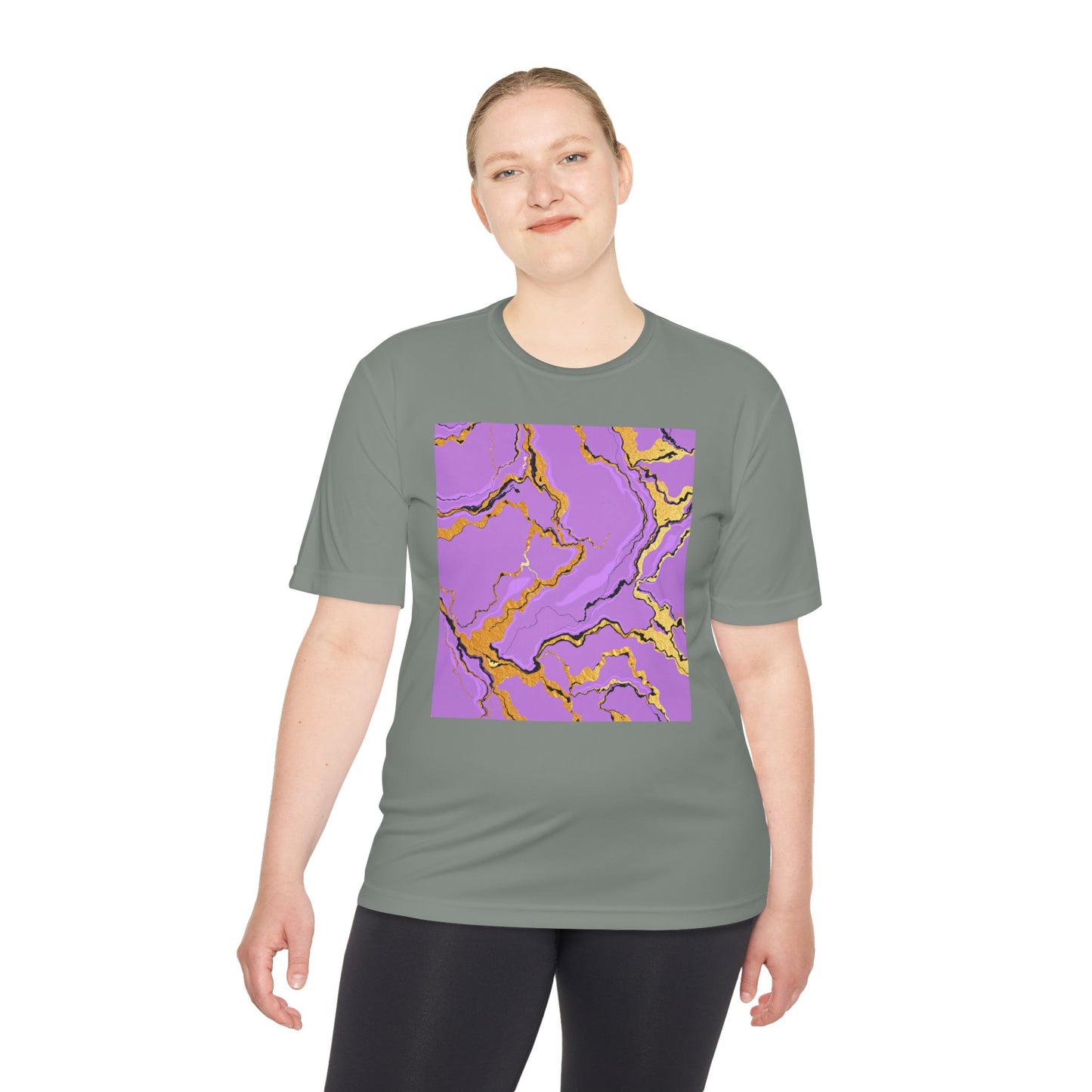 Unisex Moisture-Wicking Tee with Purple and Gold Marble Design - Athletic Shirt, Casual Wear, Fitness Apparel, Summer Style, Gift Idea