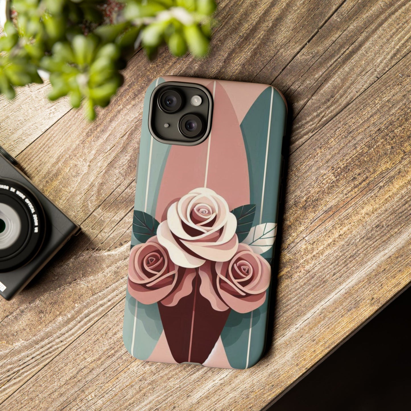 Phone Case - Burgundy, Matte Mauve & Teal Surfboard & Roses Design