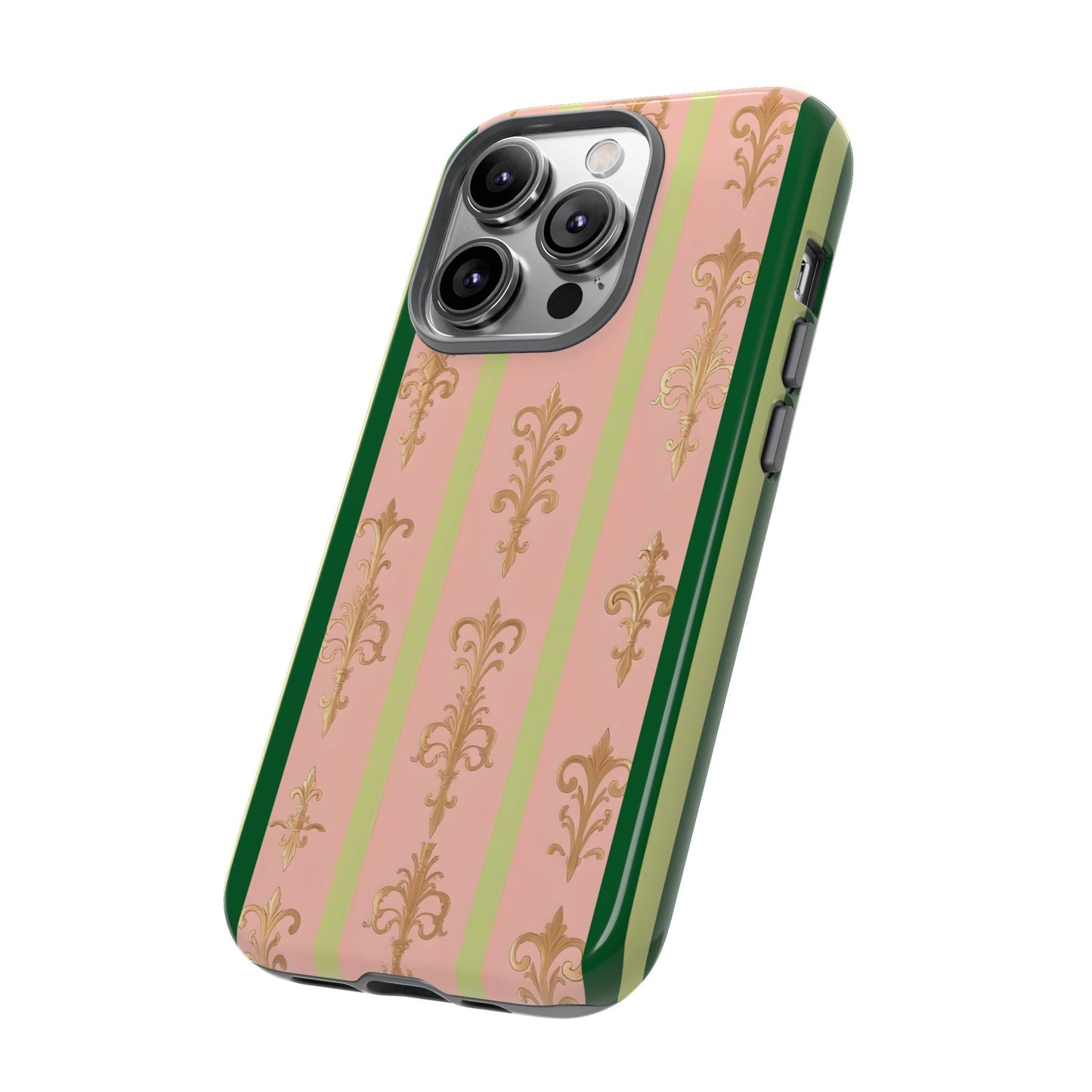 Elegant Floral Motif Phone Case - Tough Cases with Vintage Design - Lime Green & Pink Striped Damask