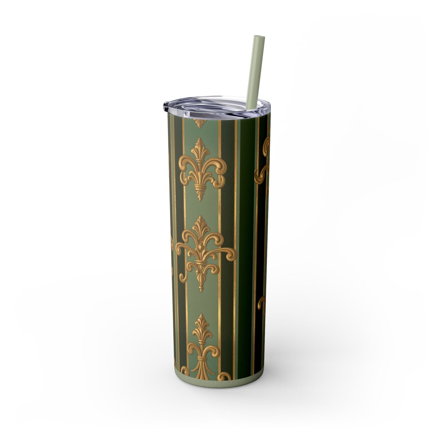 Elegant Green Striped Skinny Tumbler, 20oz Travel Mug, Reusable Cup, Perfect for Gifts, Parties, Home Decor - Green Striped Gold Baroque