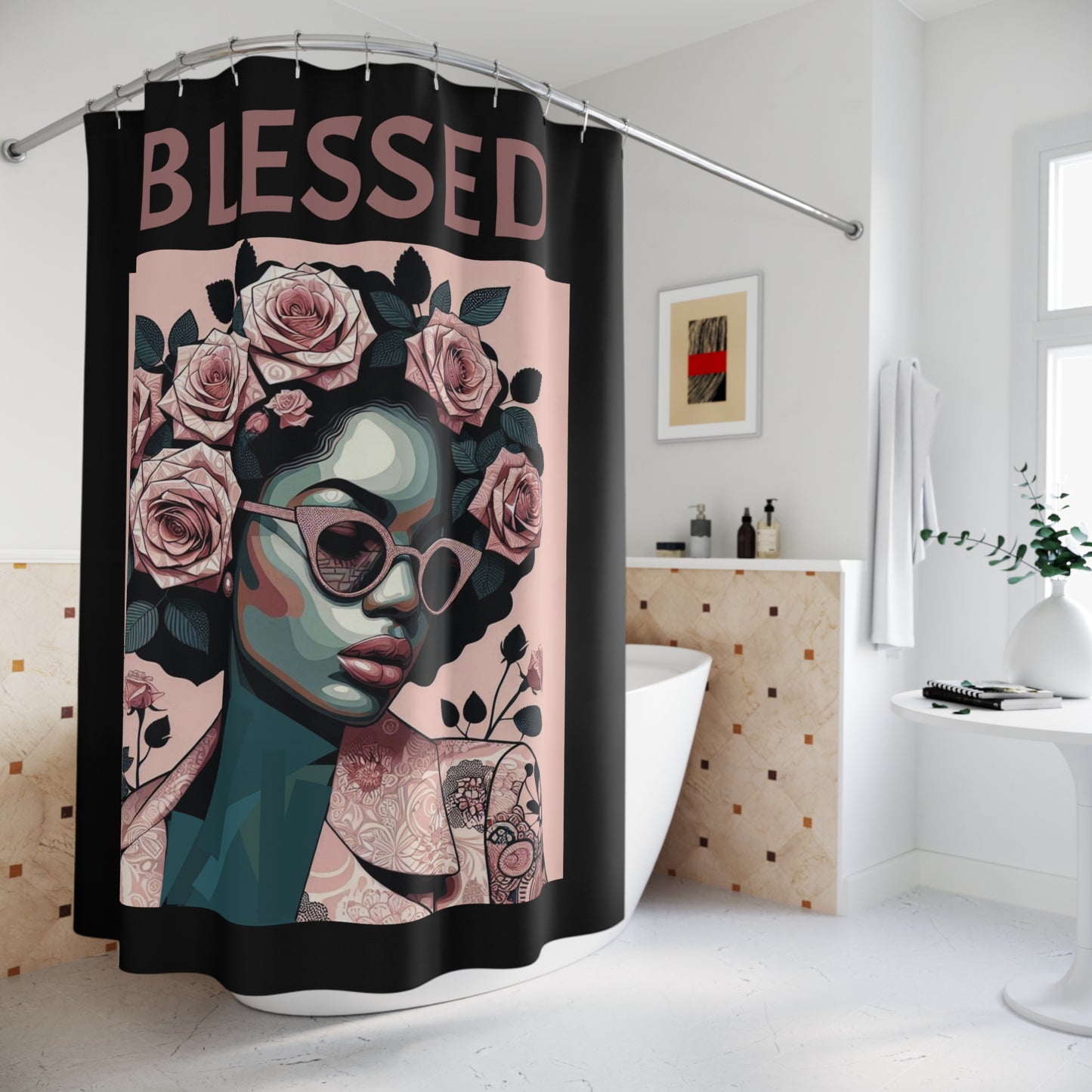 Blessed Floral Shower Curtain - Modern Bathroom Decor, Bohemian Home Accessory, Gift for Her, Inspirational Home Style, Unique Bathroom Art