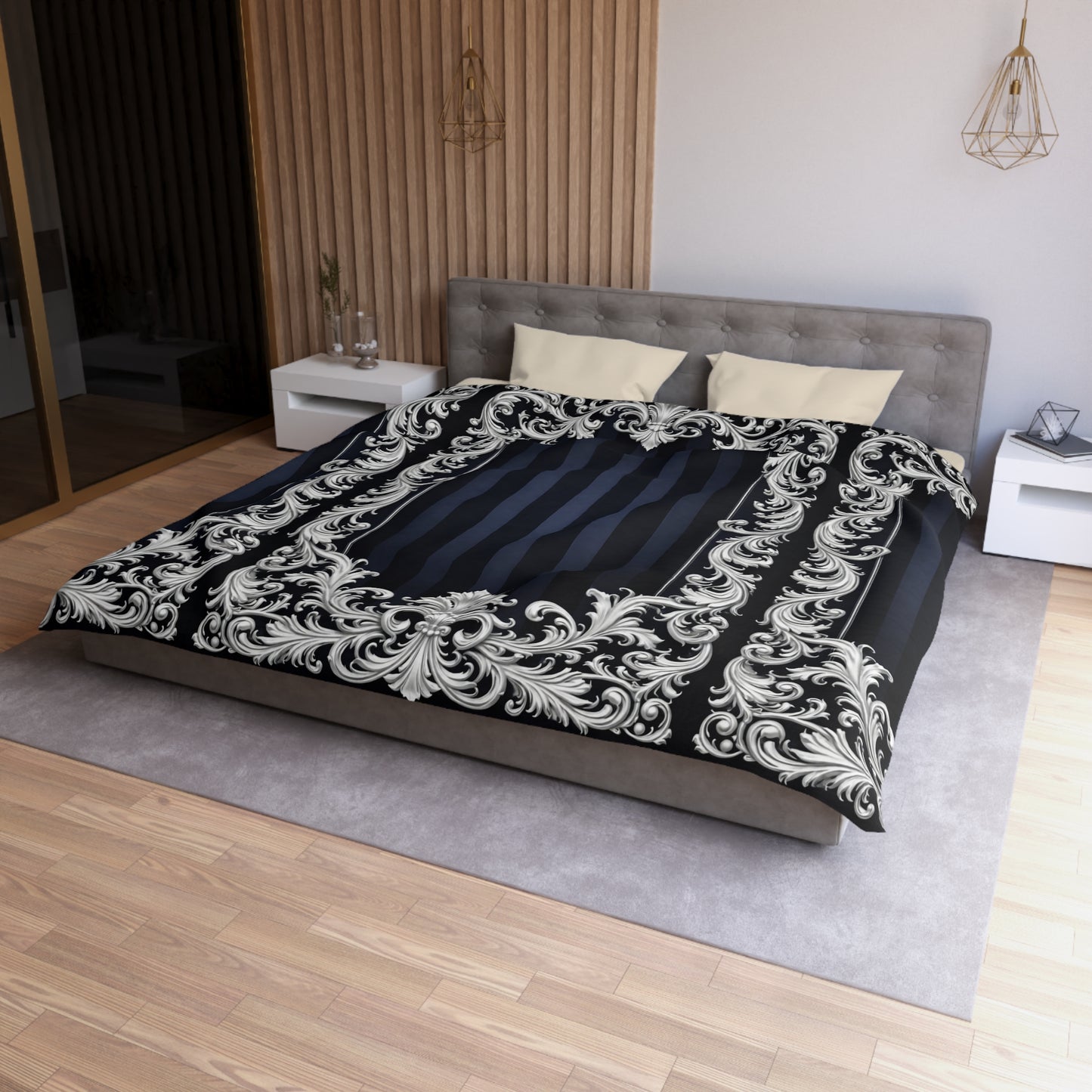 Navy Stripes & Baroque Microfiber Duvet Cover