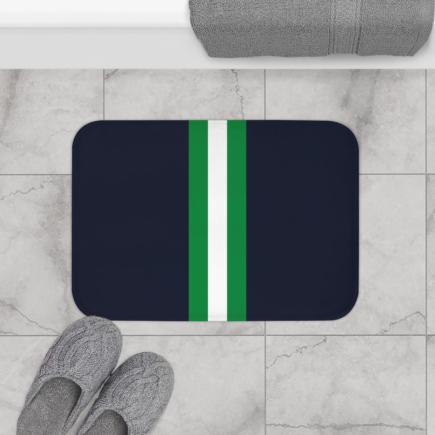 Lunar Midnight & Green-White Striped Bath Mat | Soft Non-Slip Mat for Bathroom, Home Decor, Beach House, Gift
