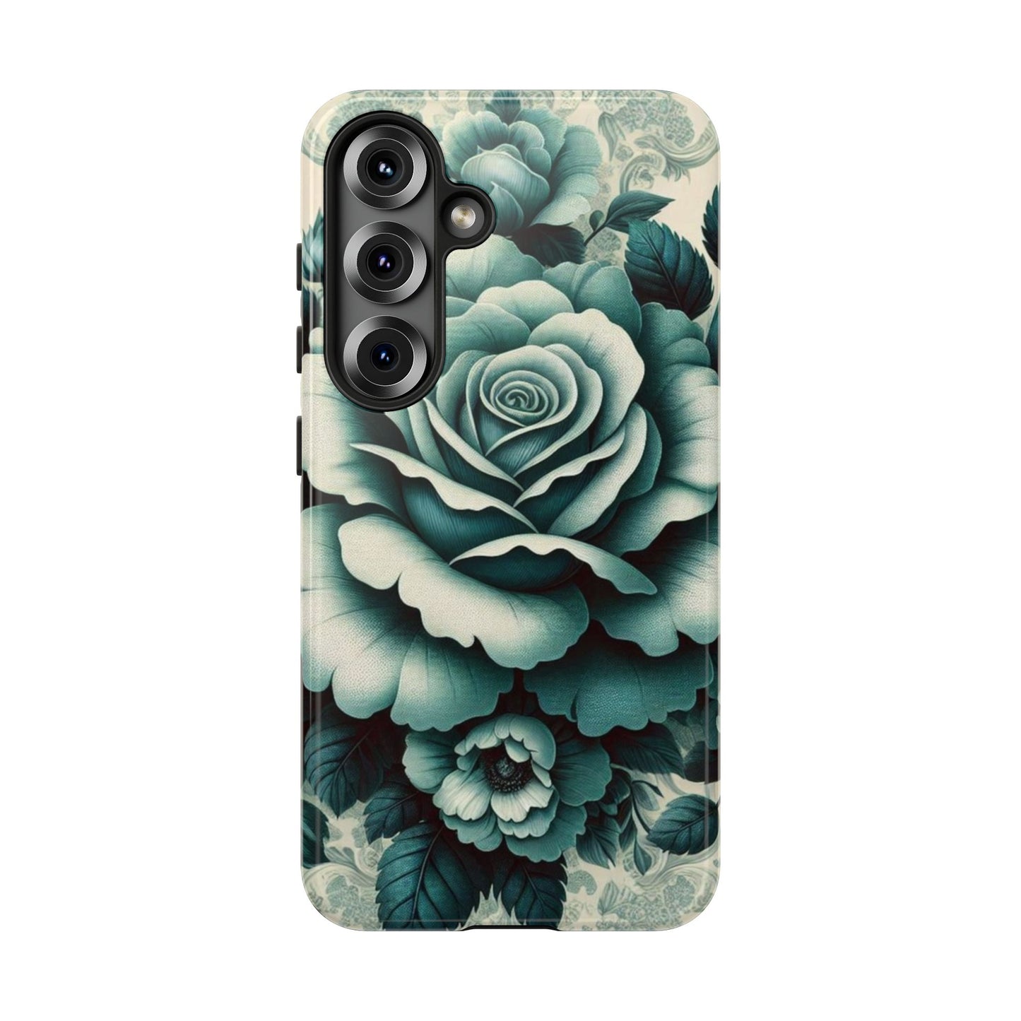 Elegant Floral Motif Phone Case - Tough Cases with Vintage Design - Teal Roses & Damask