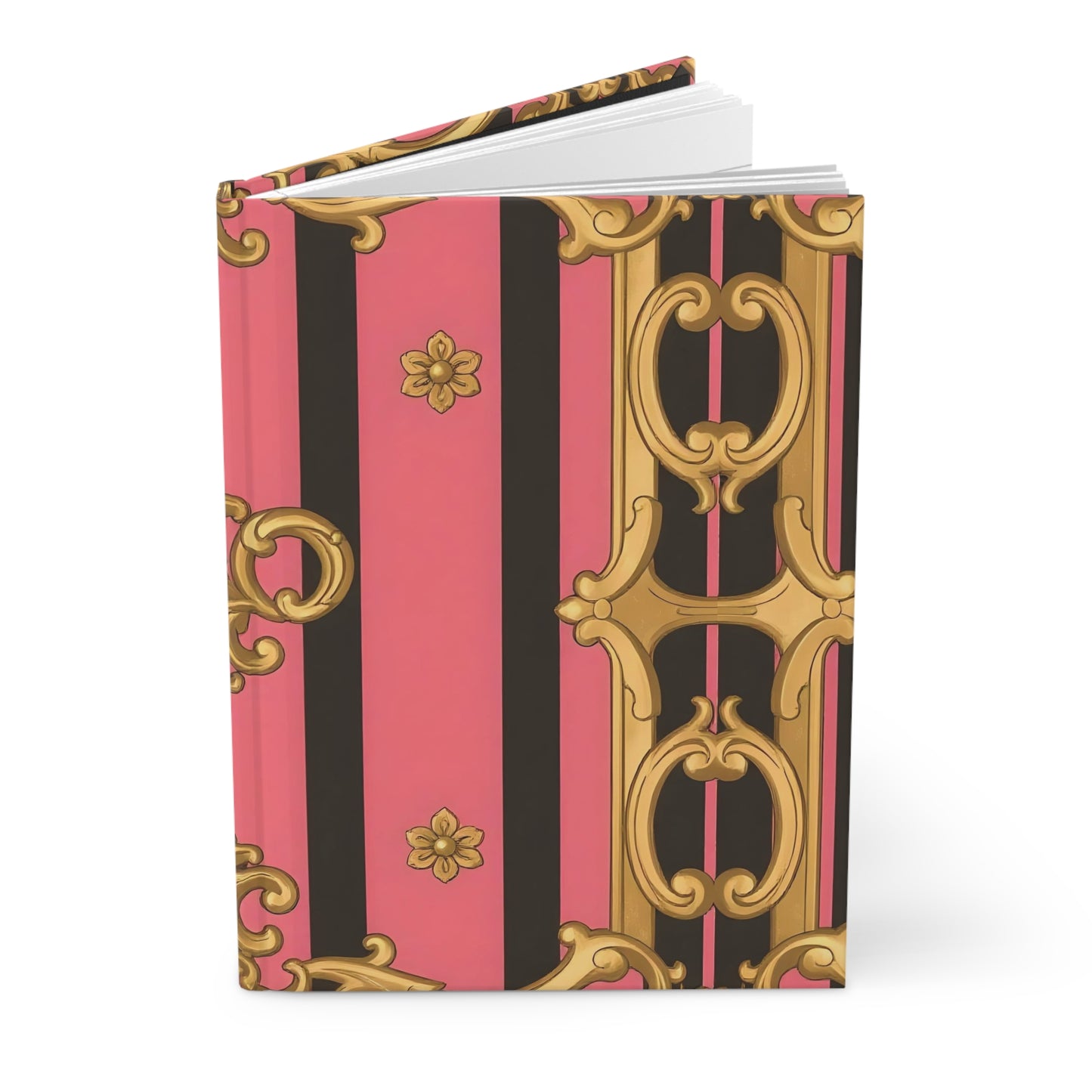 Elegant Hardbound Journal for Creative Minds, Stationery Gift, Floral Note Book - Pink & Black Striped Gold Baroque