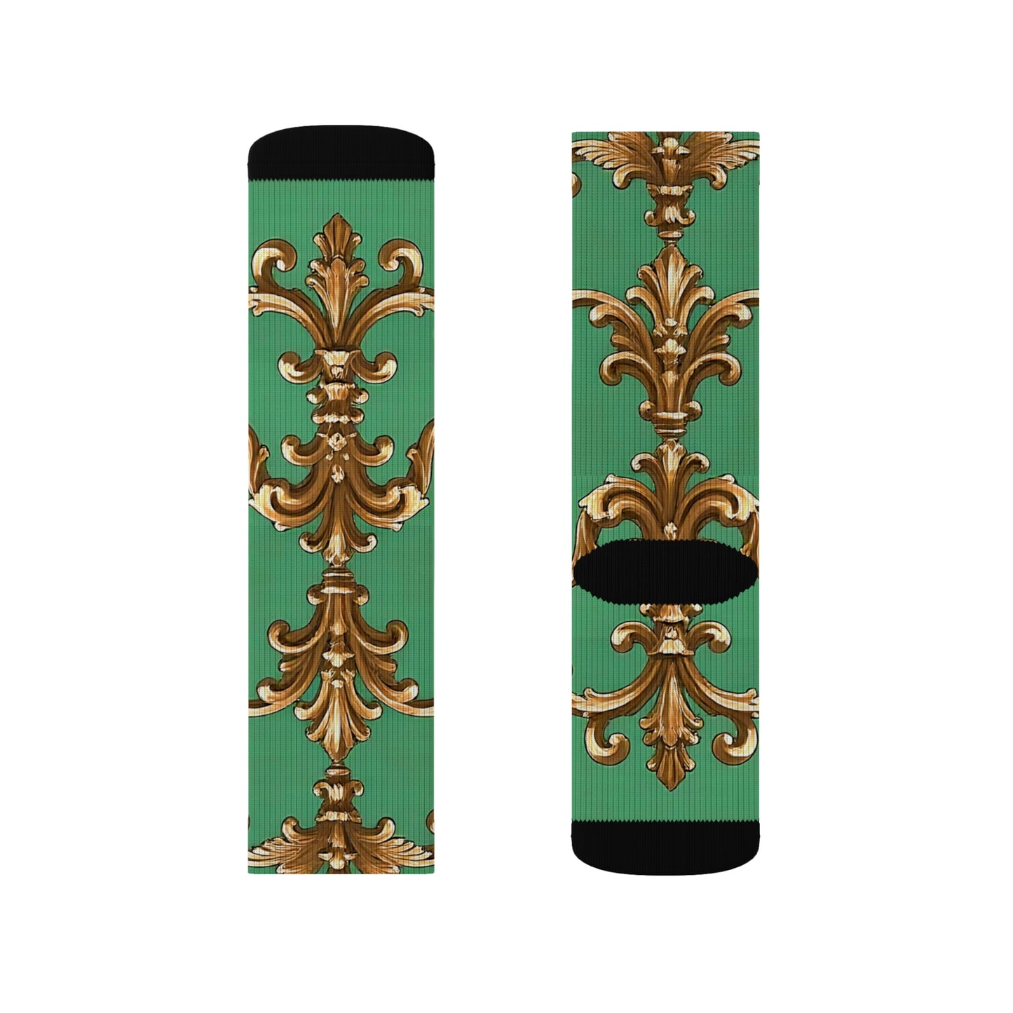 Elegant Gold Floral Pattern Sublimation Socks | Stylish, Comfortable & Perfect for any Occasion - Rust & Green Striped Baroque