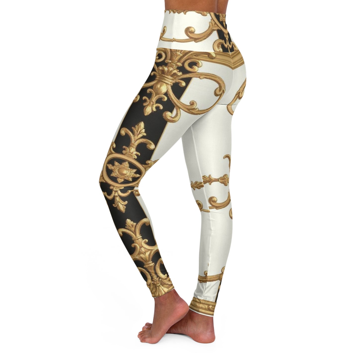 Elegant High Waisted Yoga Leggings - Stylish Activewear for Fitness, Dancing, and Casual Outings - Black & White Striped Gold Baroque