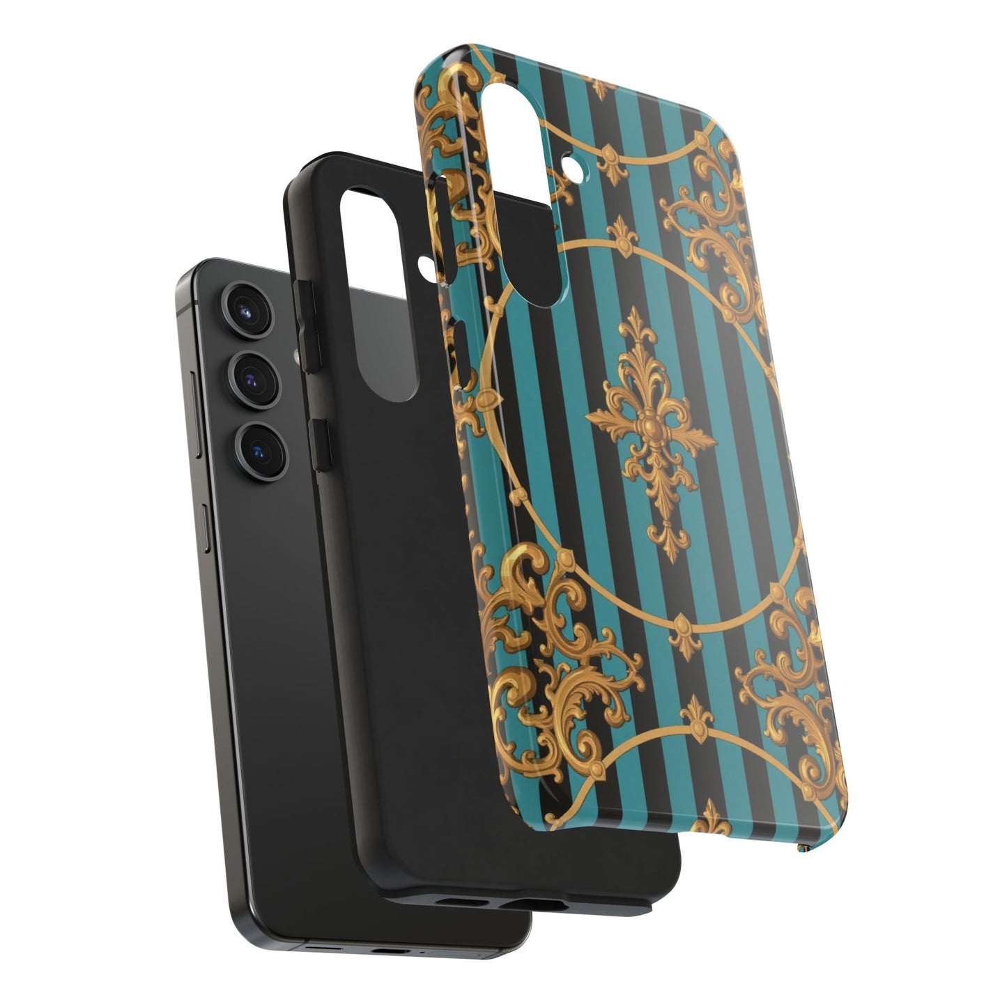 Elegant Turquoise & Black Striped Gold Baroque Phone Case, Tough Phone Cases for Fashion Lovers, Gift for Her, Luxury Accessories
