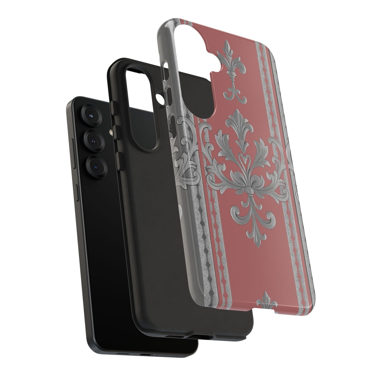 Elegant Floral Phone Case - Tough Cases for Stylish Protection - Gray & Mauve Striped Baroque