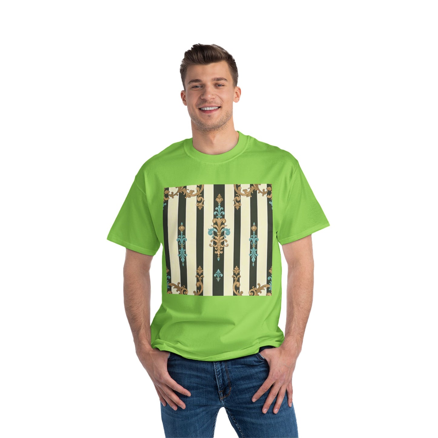 Elegant Floral Pattern Tee, Vintage Style T-Shirt, Gift for Her, Casual Outfit - Black Striped Turquoise & Black Rococo