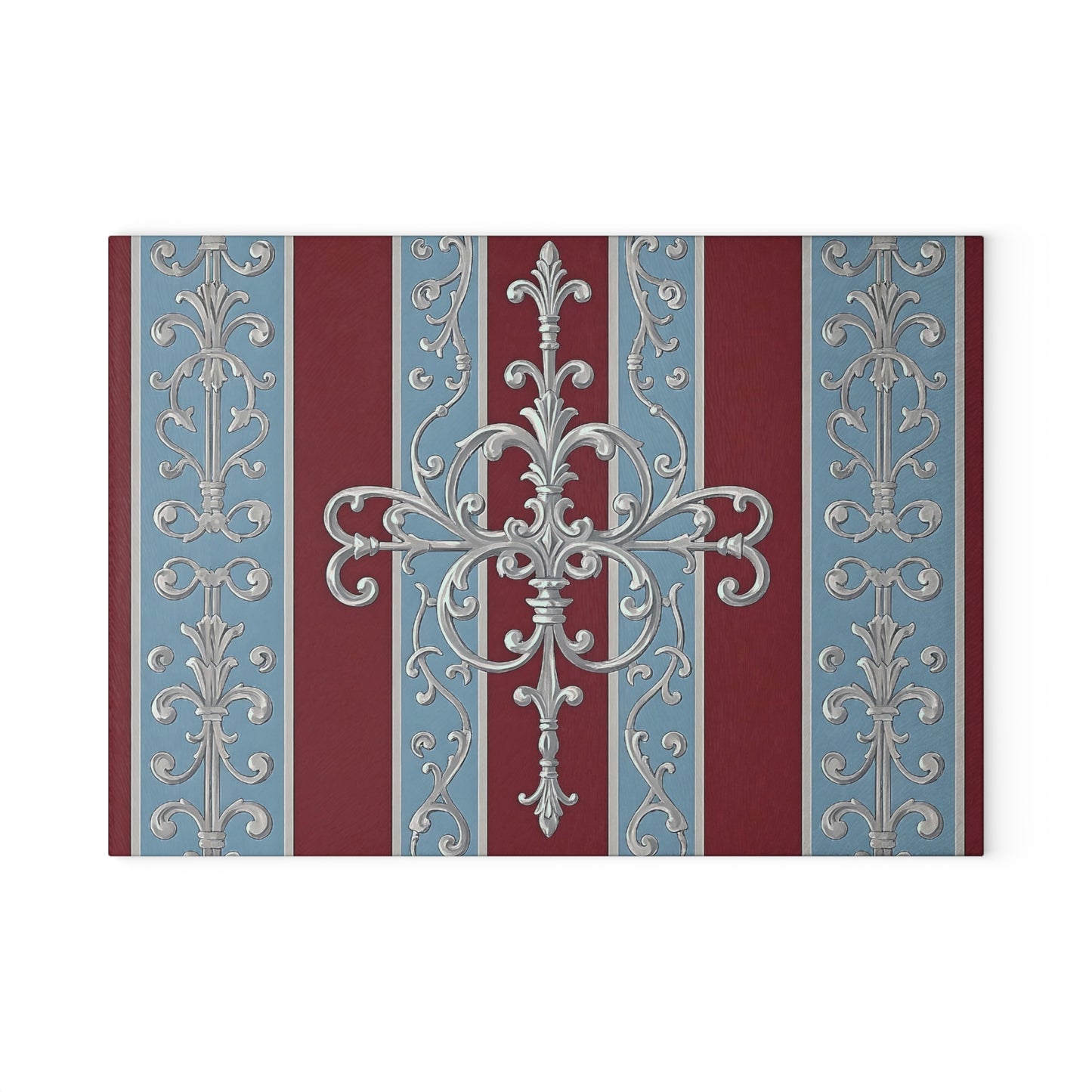 Elegant Floral Cutting Board for Home Chefs, Kitchen Decor, Gift for Weddings, Housewarmings - Ice Blue & Burgundy Striped Baroque