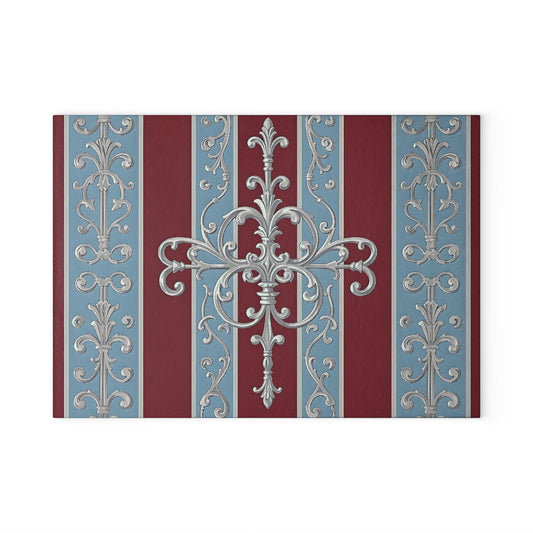 Elegant Floral Cutting Board for Home Chefs, Kitchen Decor, Gift for Weddings, Housewarmings - Ice Blue & Burgundy Striped Baroque