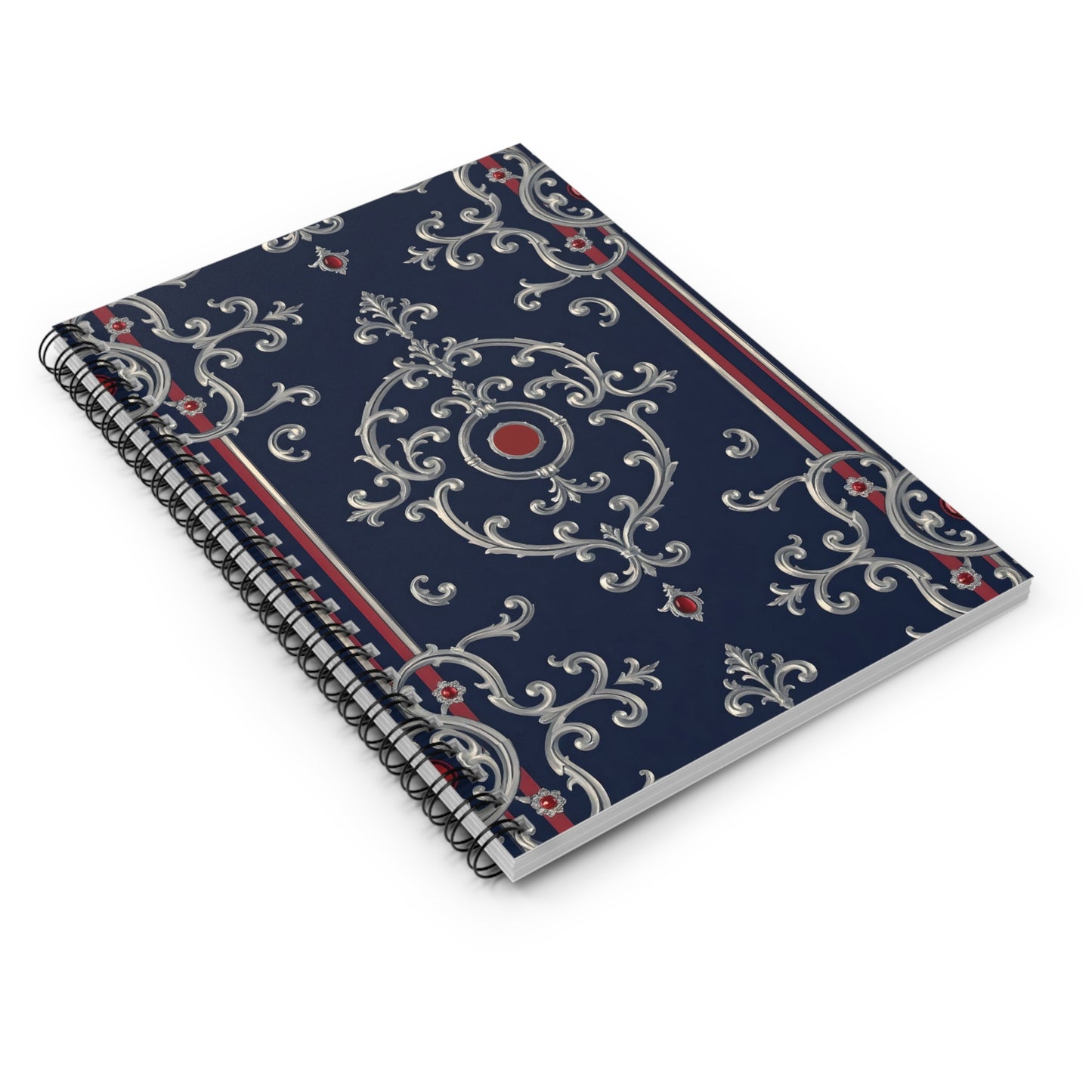 Elegant Spiral Notebook - Ruled Lines, Journal for Writing, Decorative Note Notebook, Gift for Students - Blue & Red Striped Silver Baroque