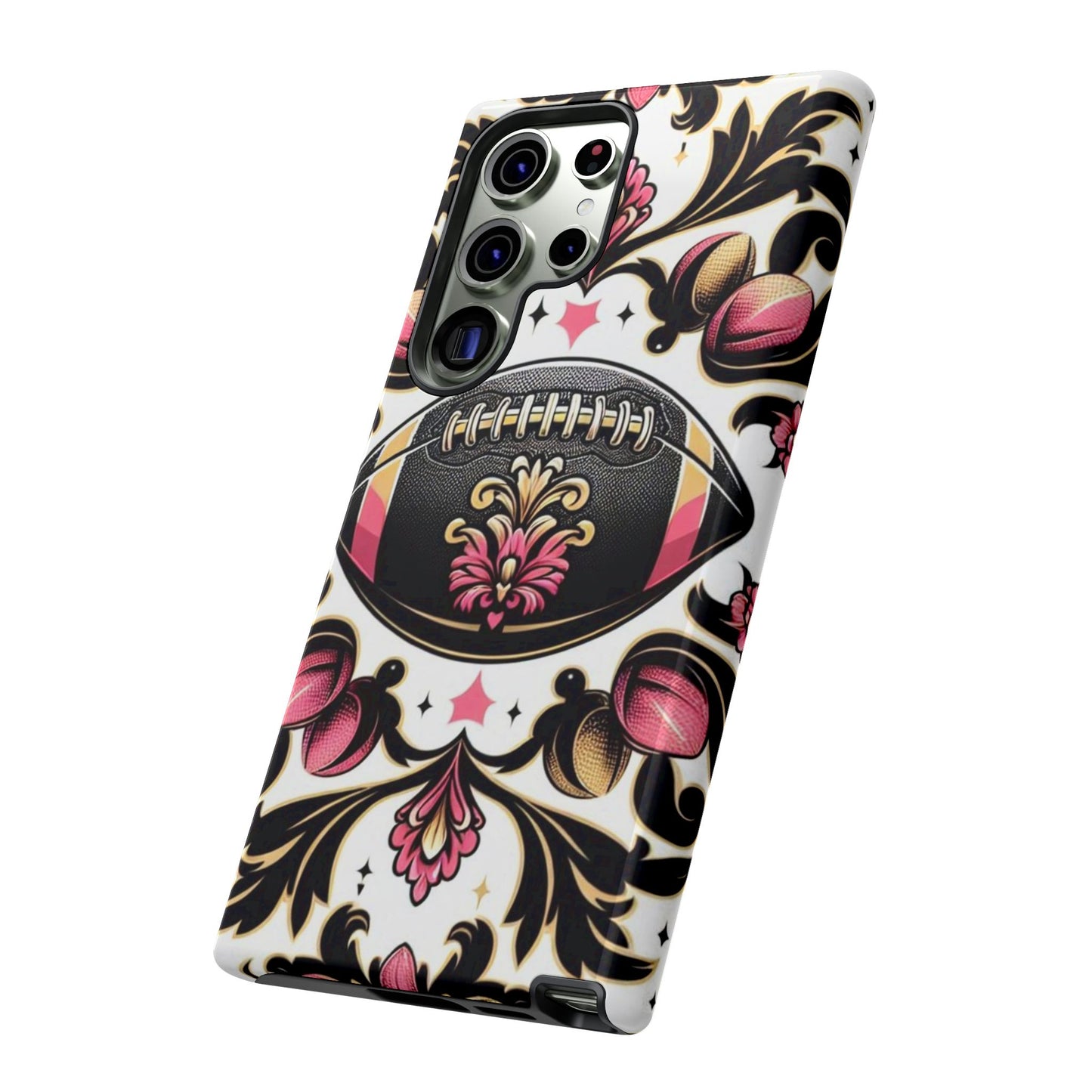 Elegant Floral Motif Phone Case - Tough Cases with Vintage Design - Damask White, Pink Gold & Black Football