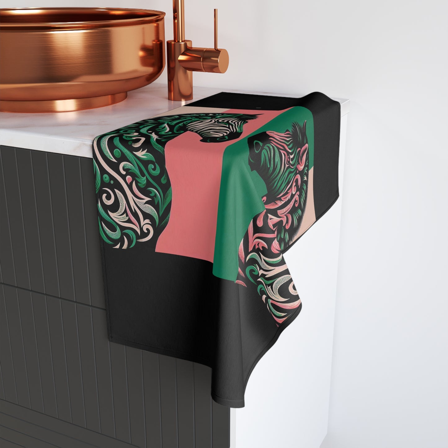 Hand Towel - Luxurious Ornate Elegant Pink & Green Zebra Damask Design - Elegant Home Décor