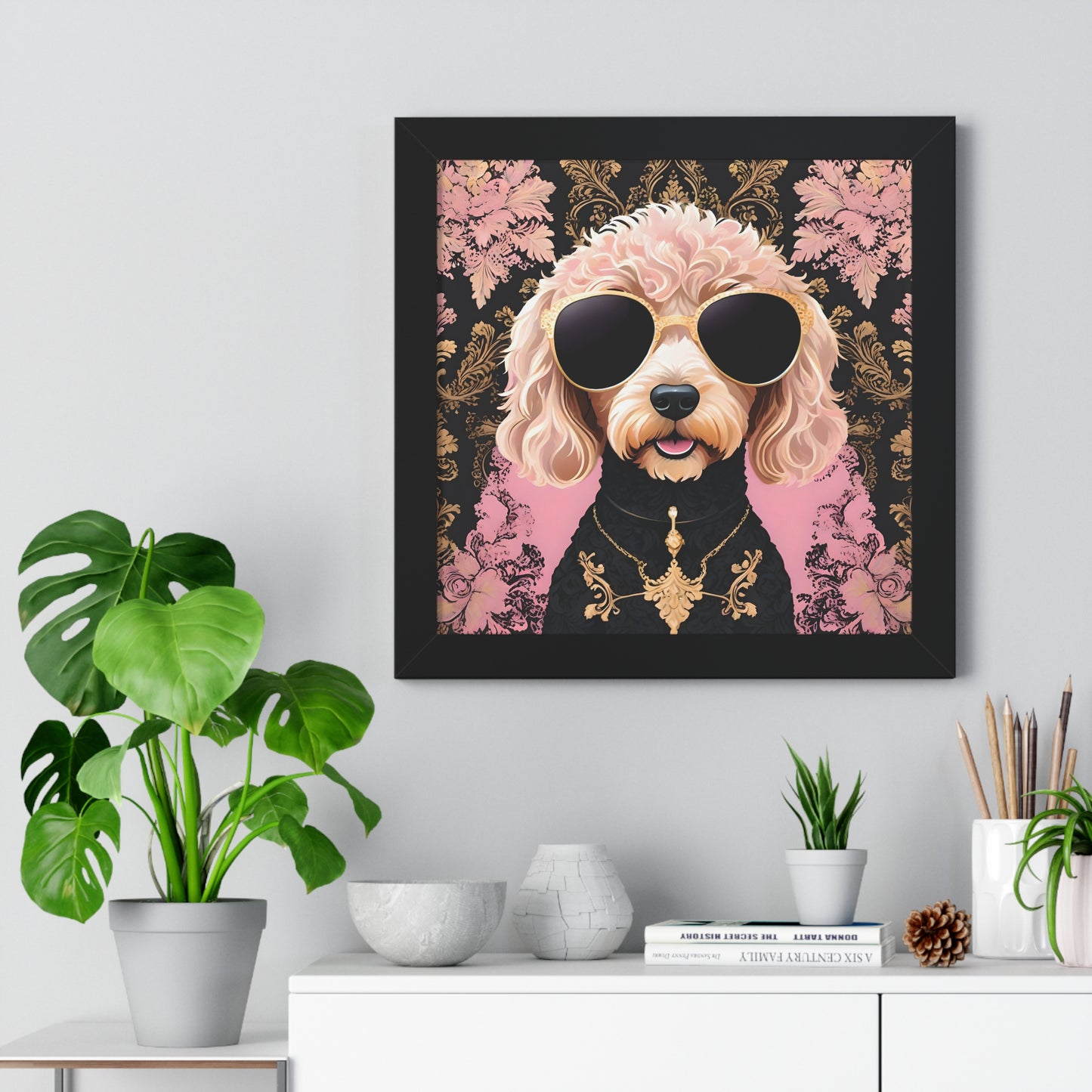 Vertical Poster - Golden Doodle in Damask and Shades - Wall Art - Kid Friendly