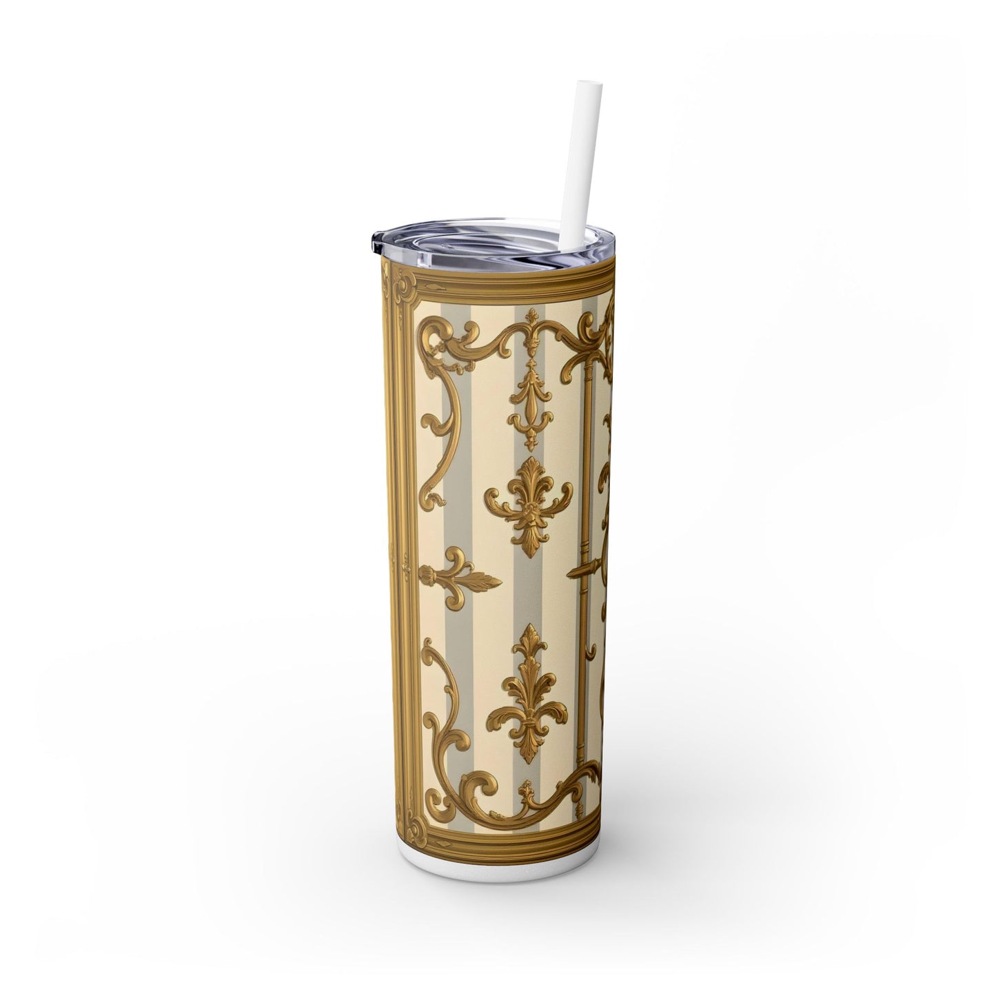 Elegant Vintage Skinny Tumbler with Straw, 20oz - Golden Baroque Design for Weddings, Parties - Matte Gray & Cream Striped Gold Baroque