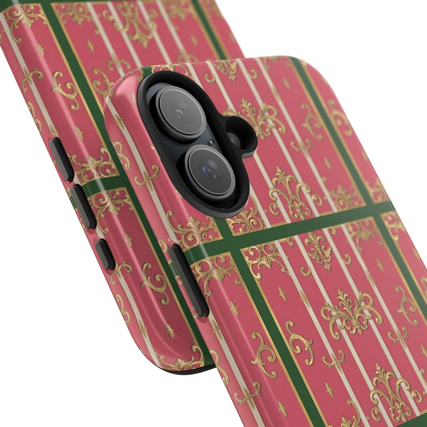 Elegant Green Border Pink Striped Baroque Phone Cases, Tough Phone Cases for Protection, Stylish Mobile Accessories, Gift for Her, Holiday Tech Gifts