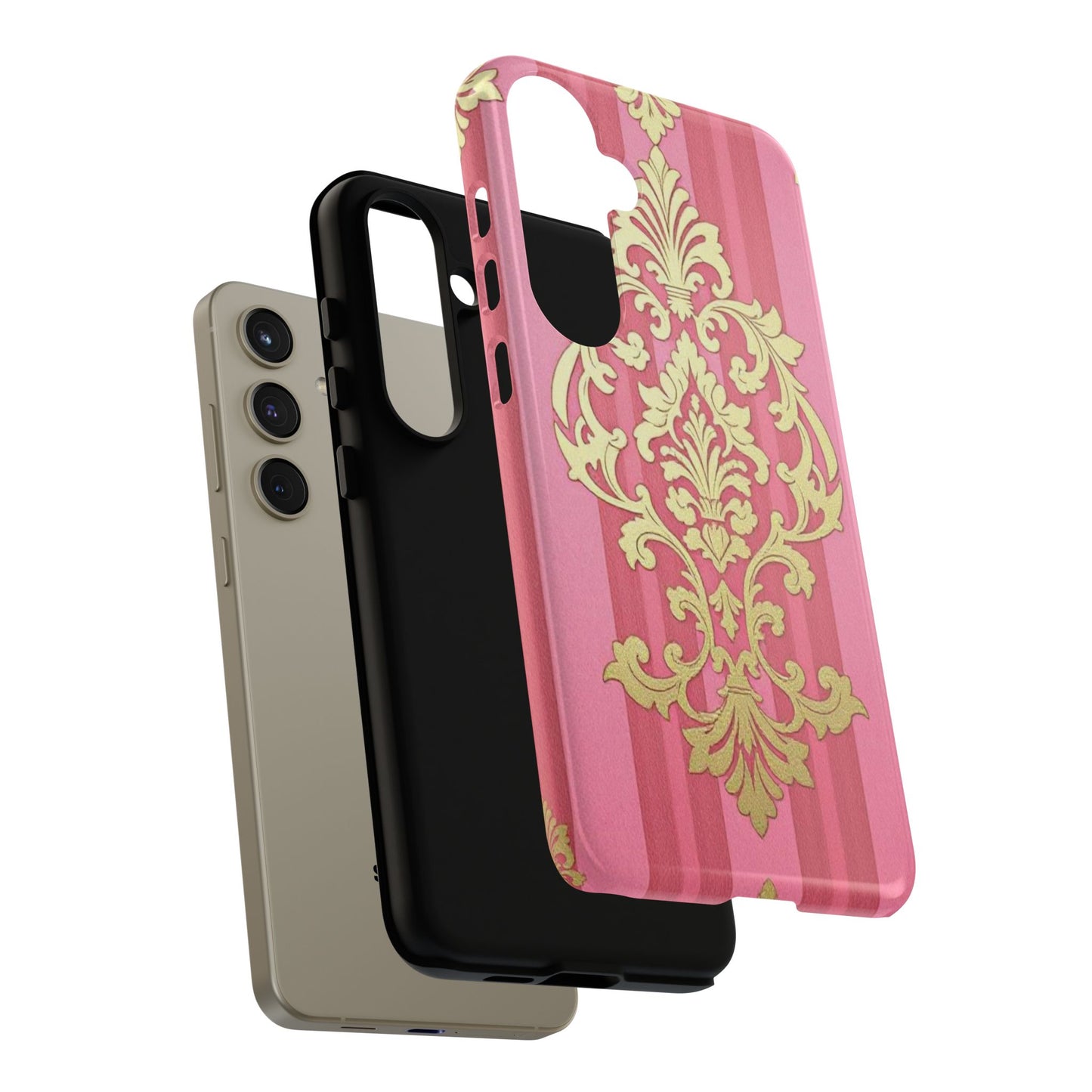 Elegant Floral Motif Phone Case - Tough Cases with Vintage Design - Pink Striped Damask