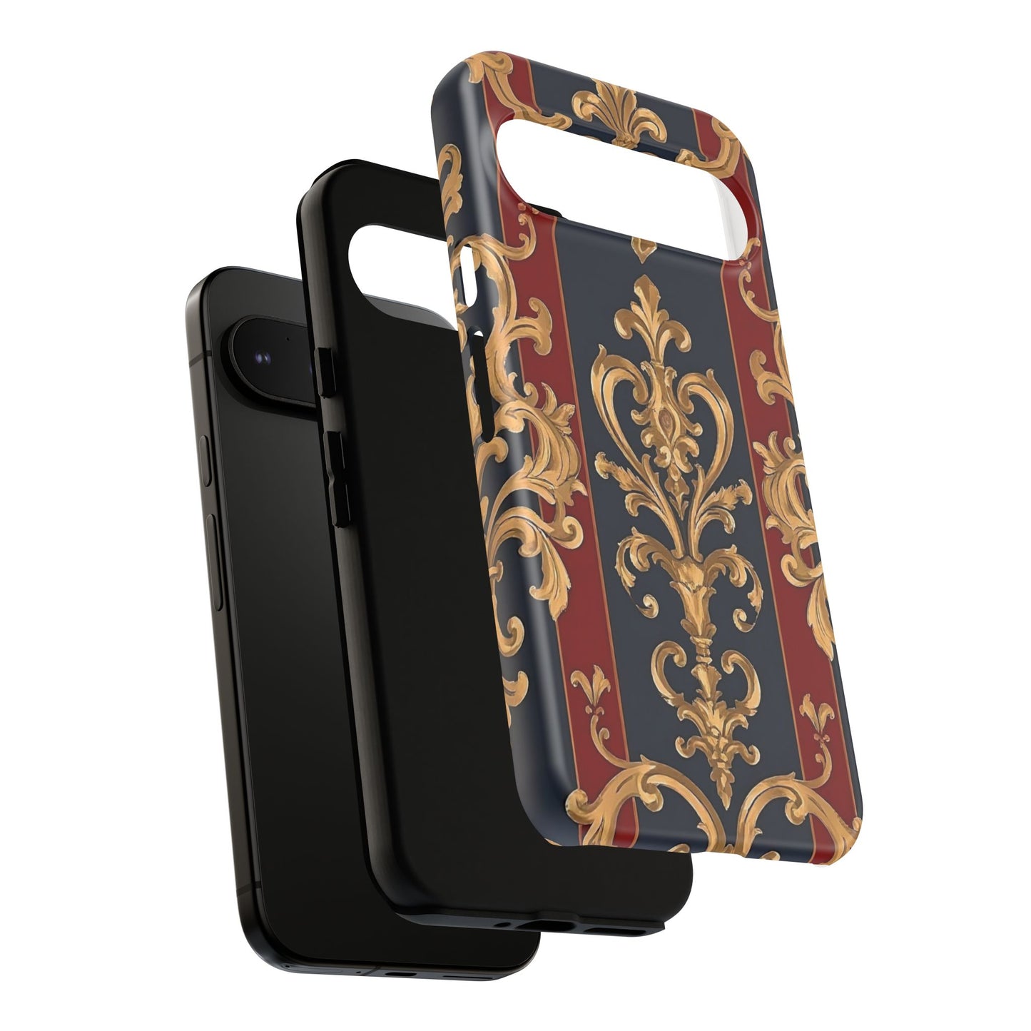 Elegant Floral Motif Phone Case - Tough Cases with Vintage Design - Midnight Blue & Dusk Red Striped Gold Damask