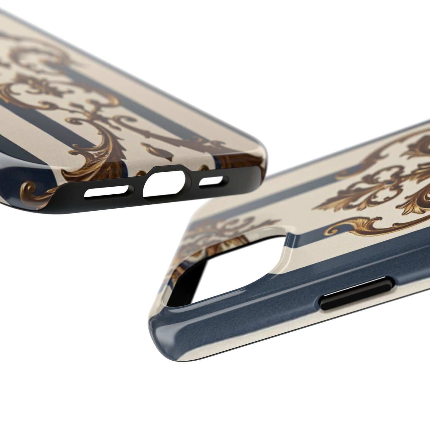 Damask Tough Phone Case - Alabaster & Blue Striped Damask