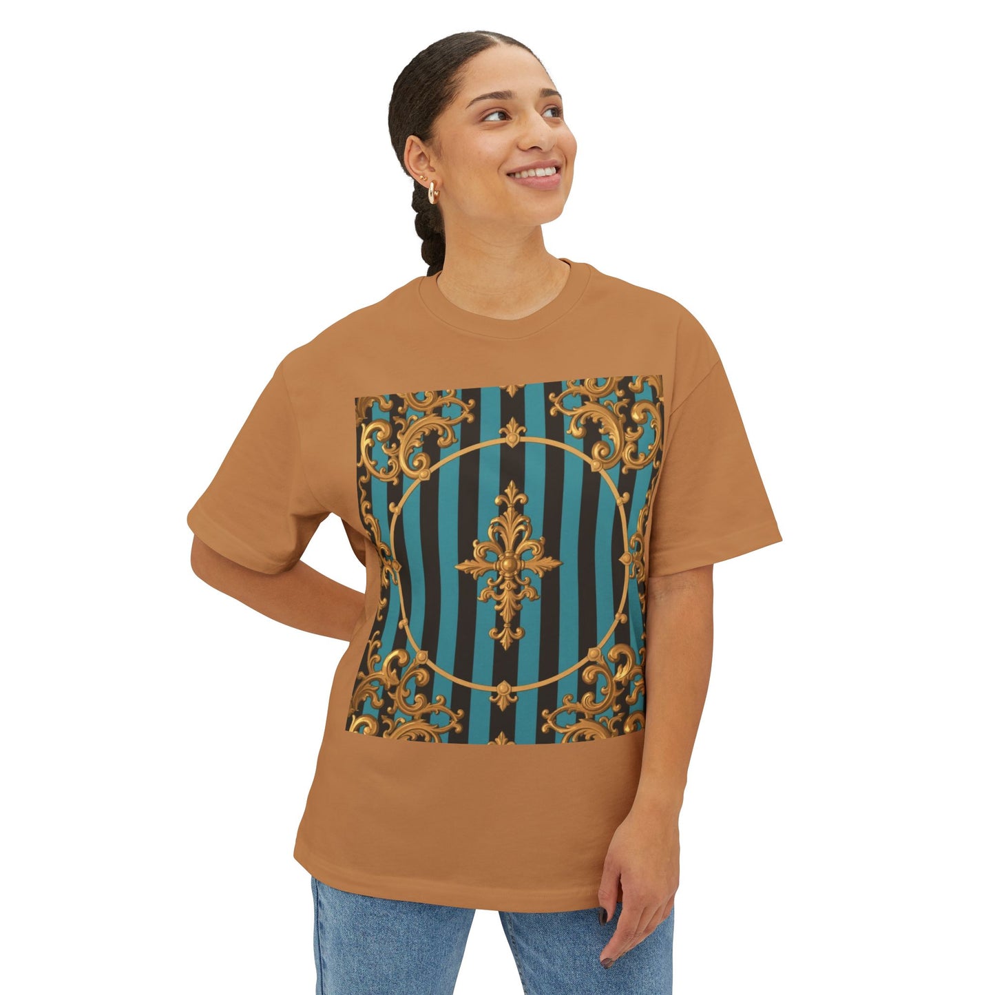 Stylish Turquoise & Black Striped Gold Baroque Unisex Oversized Boxy Tee, Retro Graphic Shirt, Casual Wear, Trendy Fashion, Unique Gift Idea
