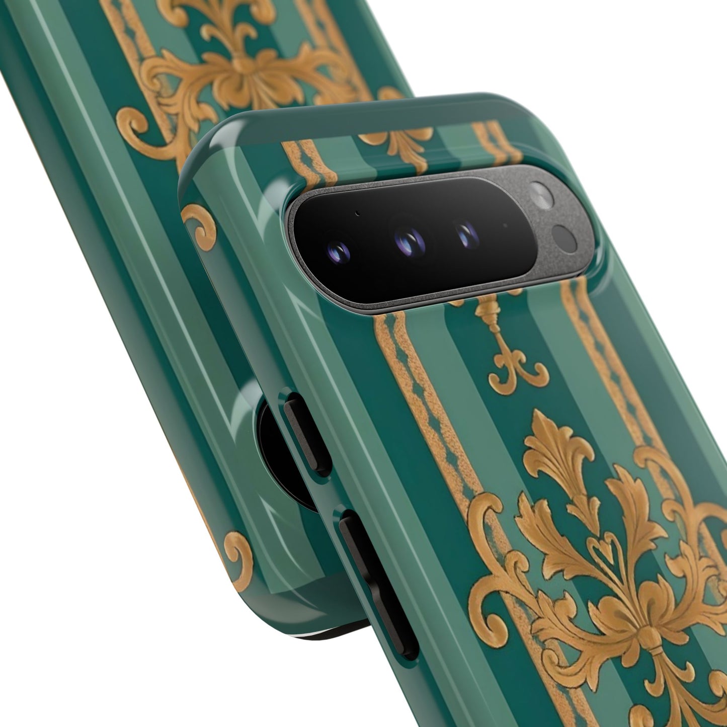 Elegant Floral Motif Phone Case - Tough Cases with Vintage Design - Teal Striped Gold Damask