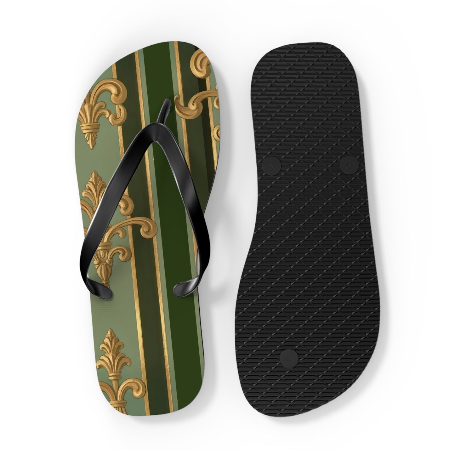 Elegant Vintage Flip Flops for Summer, Casual Sandals, Beachwear, Vacation Footwear, Summer Parties - Green Striped Gold Baroque