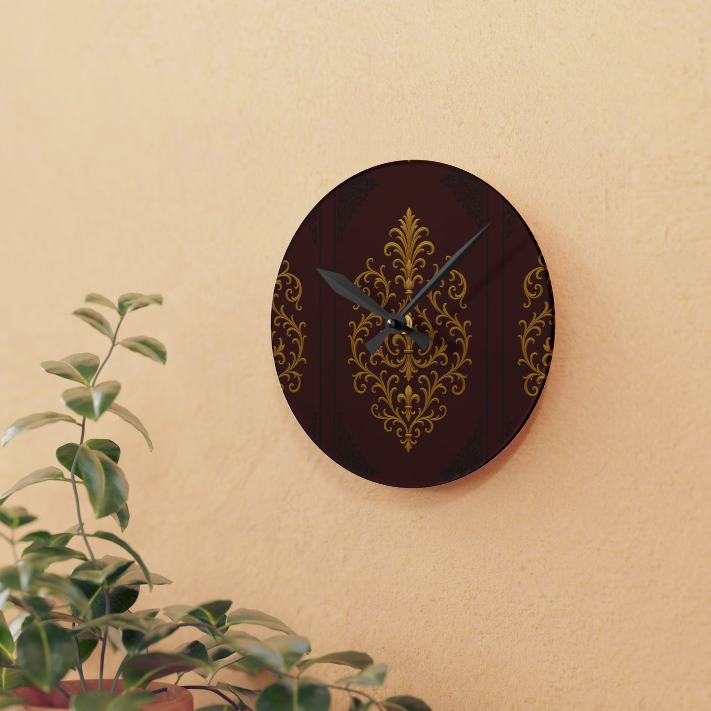 Dusk Burgundy-Black & Gold Baroque Acrylic Wall Clock - Elegant Burgundy & Gold Home Decor