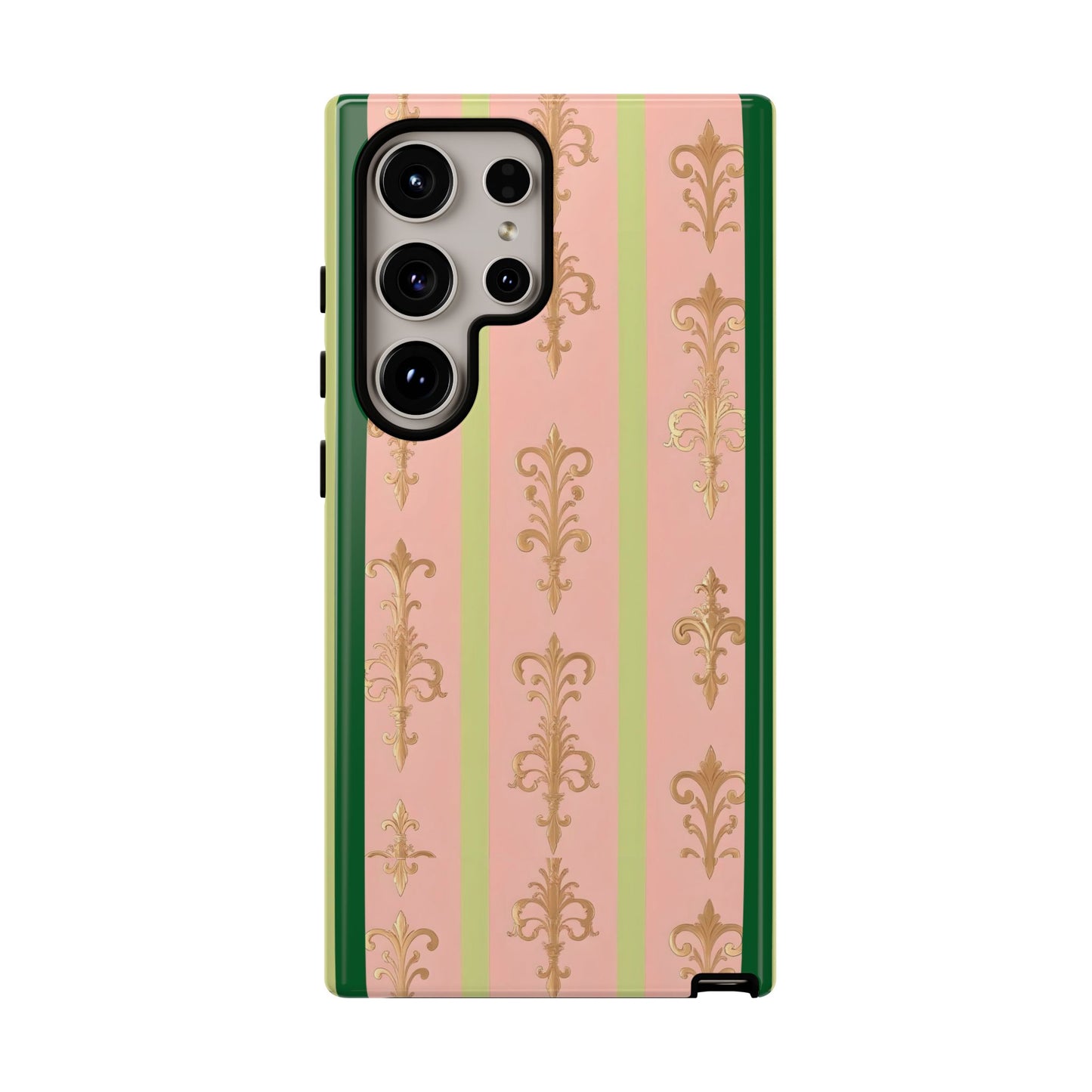 Elegant Floral Motif Phone Case - Tough Cases with Vintage Design - Lime Green & Pink Striped Damask