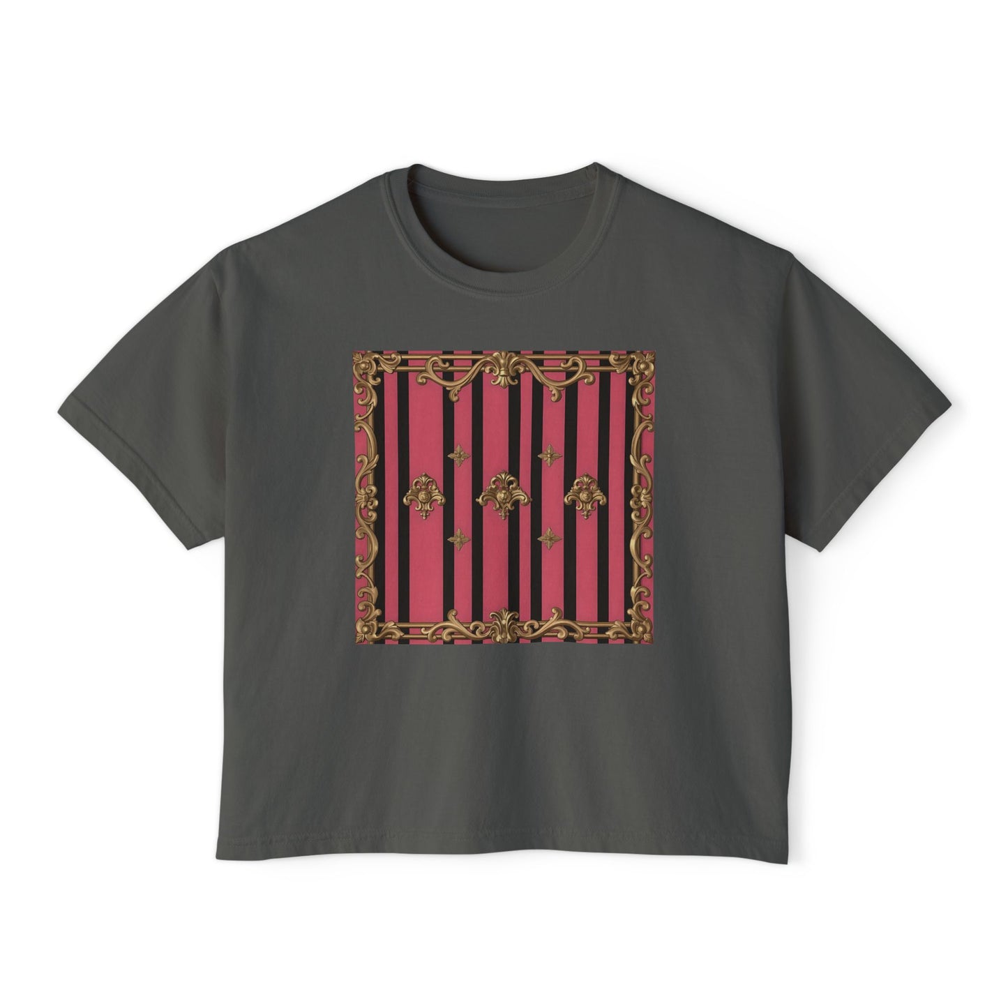 Chic Women's Boxy Tee with Vintage Floral Design, Casual Top, Summer Outfit, Gift for Her, Everyday Wear, Stylish Tee - Pink Striped Gold Rococo