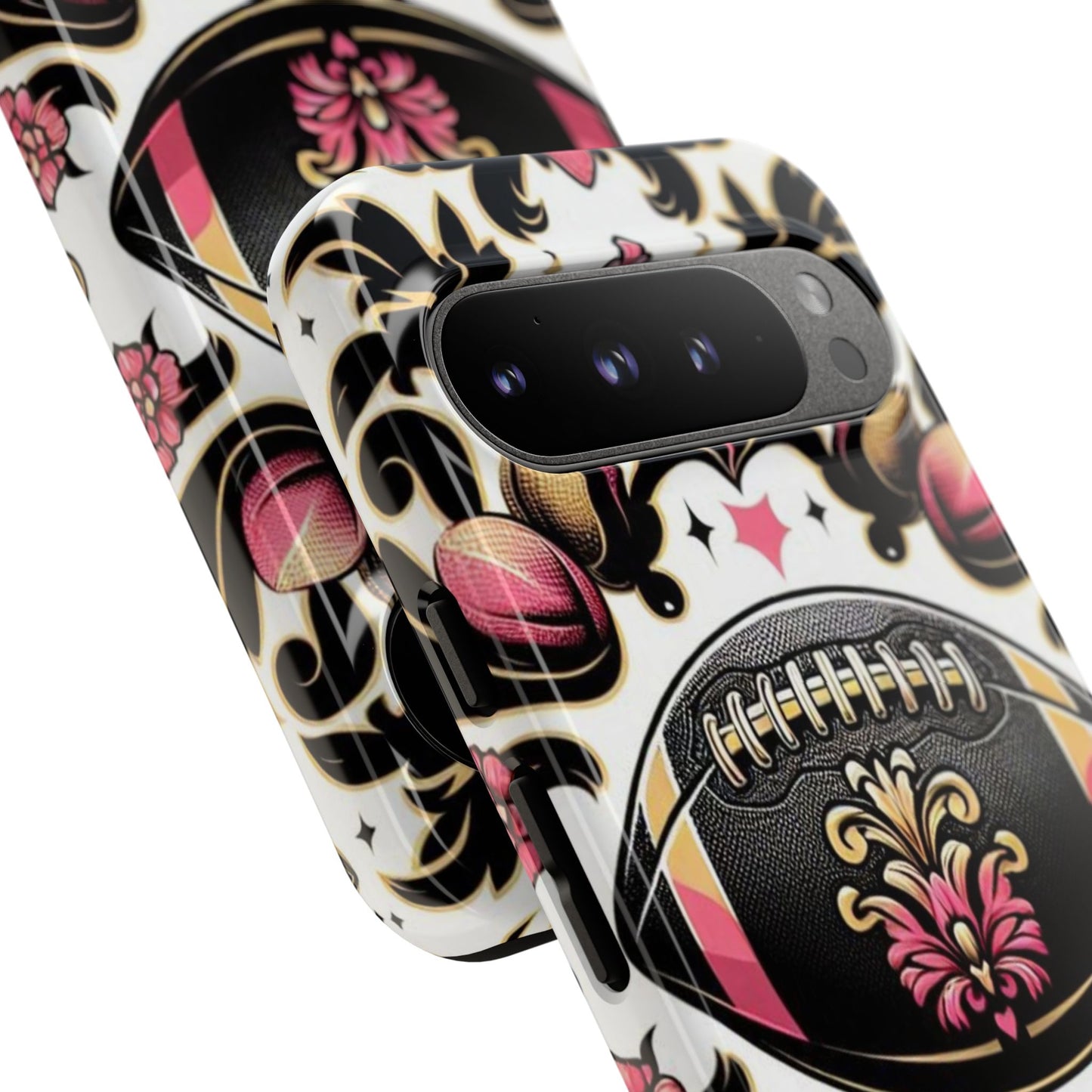 Elegant Floral Motif Phone Case - Tough Cases with Vintage Design - Damask White, Pink Gold & Black Football