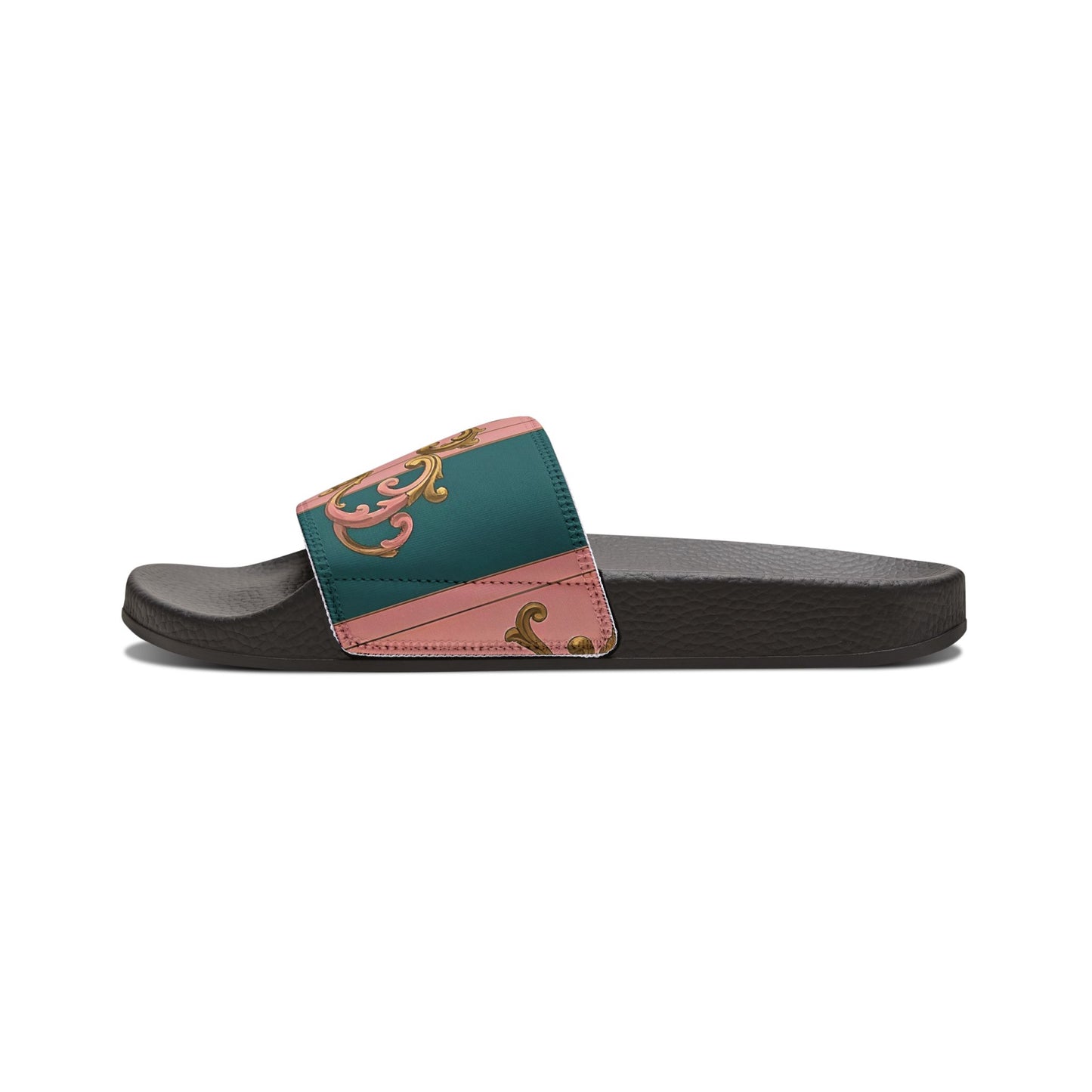 Chic Women's Sandals with Removable Straps, Stylish Summer Footwear, Comfortable Pool Slides - Pink & Teal Striped Gold Baroque