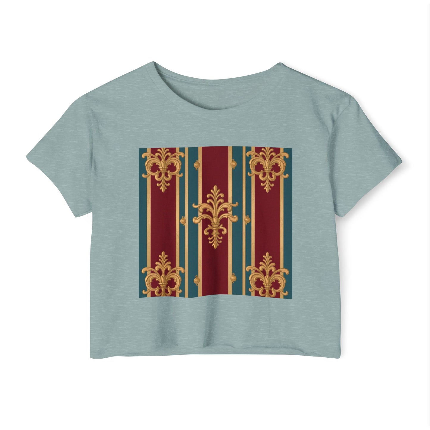 Baroque Chic Festival Crop Top | Women’s Floral Summer Tee, Outdoor Concert Wear, Vacation Top - Burgundy Striped Gold Baroque