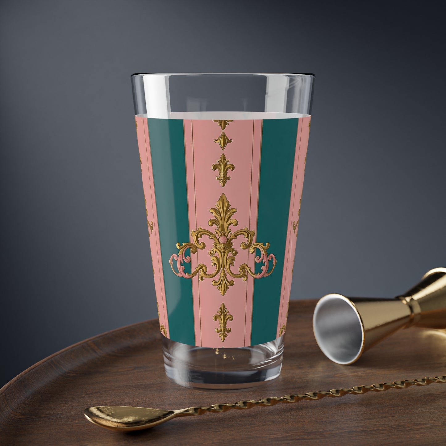 Elegant Mixing Glass, Vintage Style Drinkware, Perfect for Parties, Home Bar, Wedding Gifts - Pink & Teal Striped Gold Baroque