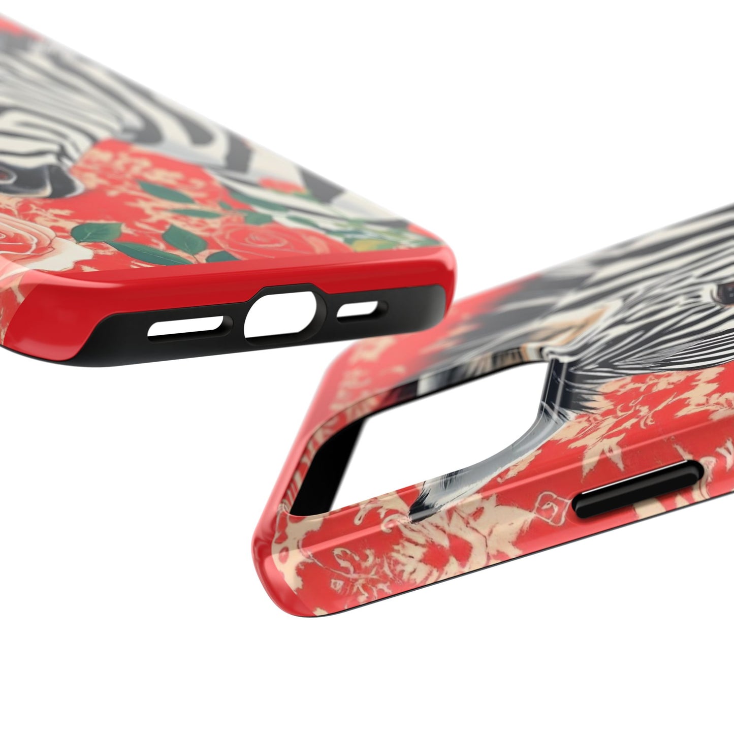 Zebra Tough Phone Case - Trendy Floral Design for Animal Lovers - Zebra With Coral Roses & Damask