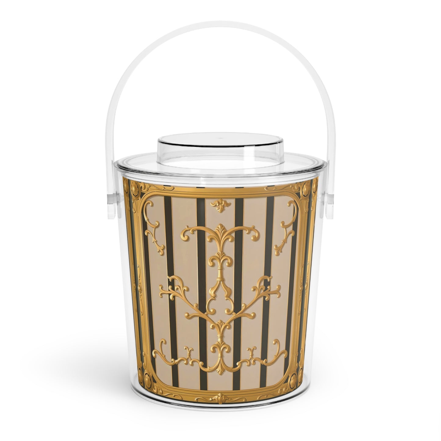 Elegant Decorative Ice Bucket with Tongs, Perfect for Parties, Weddings, Barbecues, Gift for Beverage Lovers - Beige Striped Gold Rococo