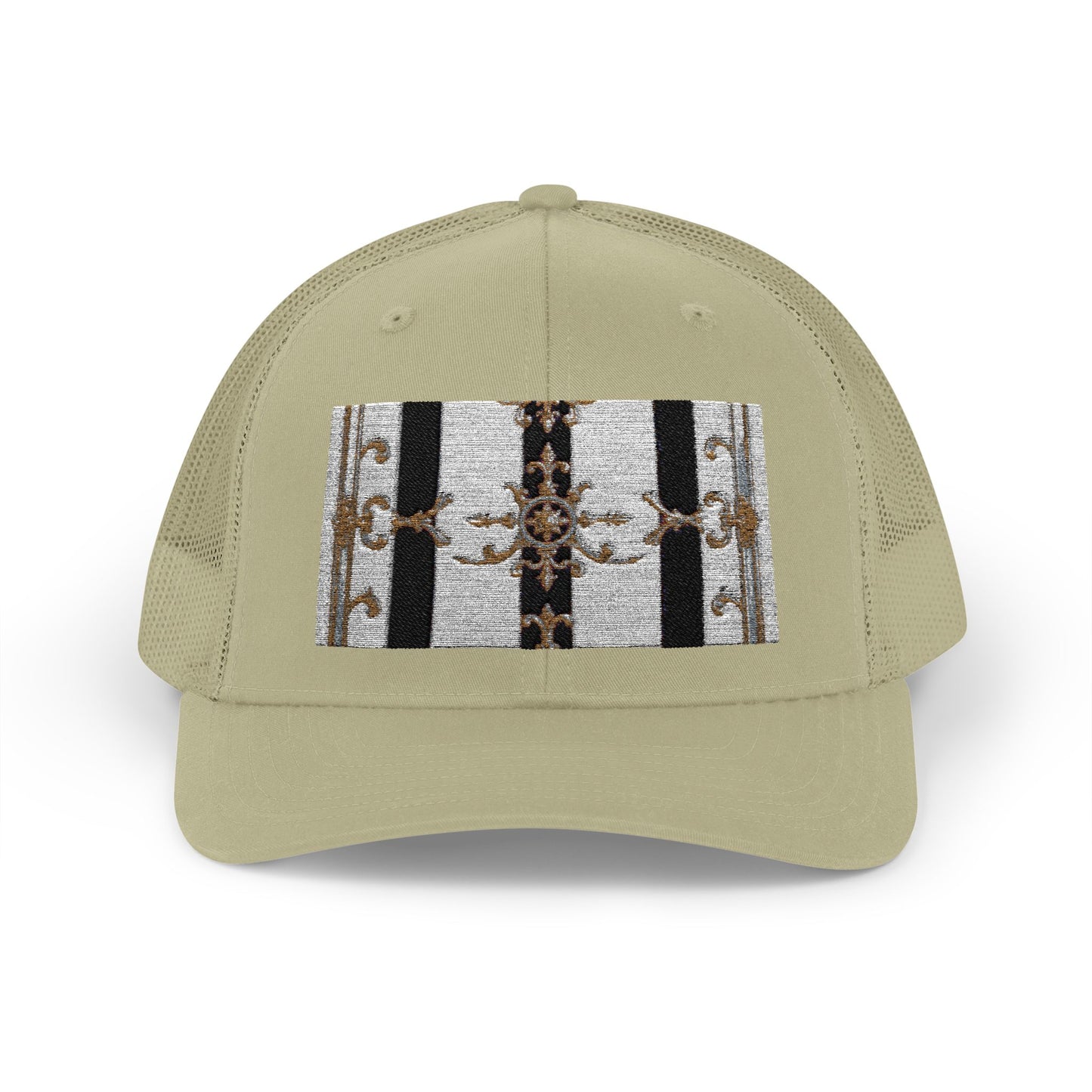 Trendy Snapback Trucker Cap, Casual Fashion Hat, Summer Accessory, Gift Idea for Cool Teens, Outdoor Activities - Black & White Striped Gold Baroque