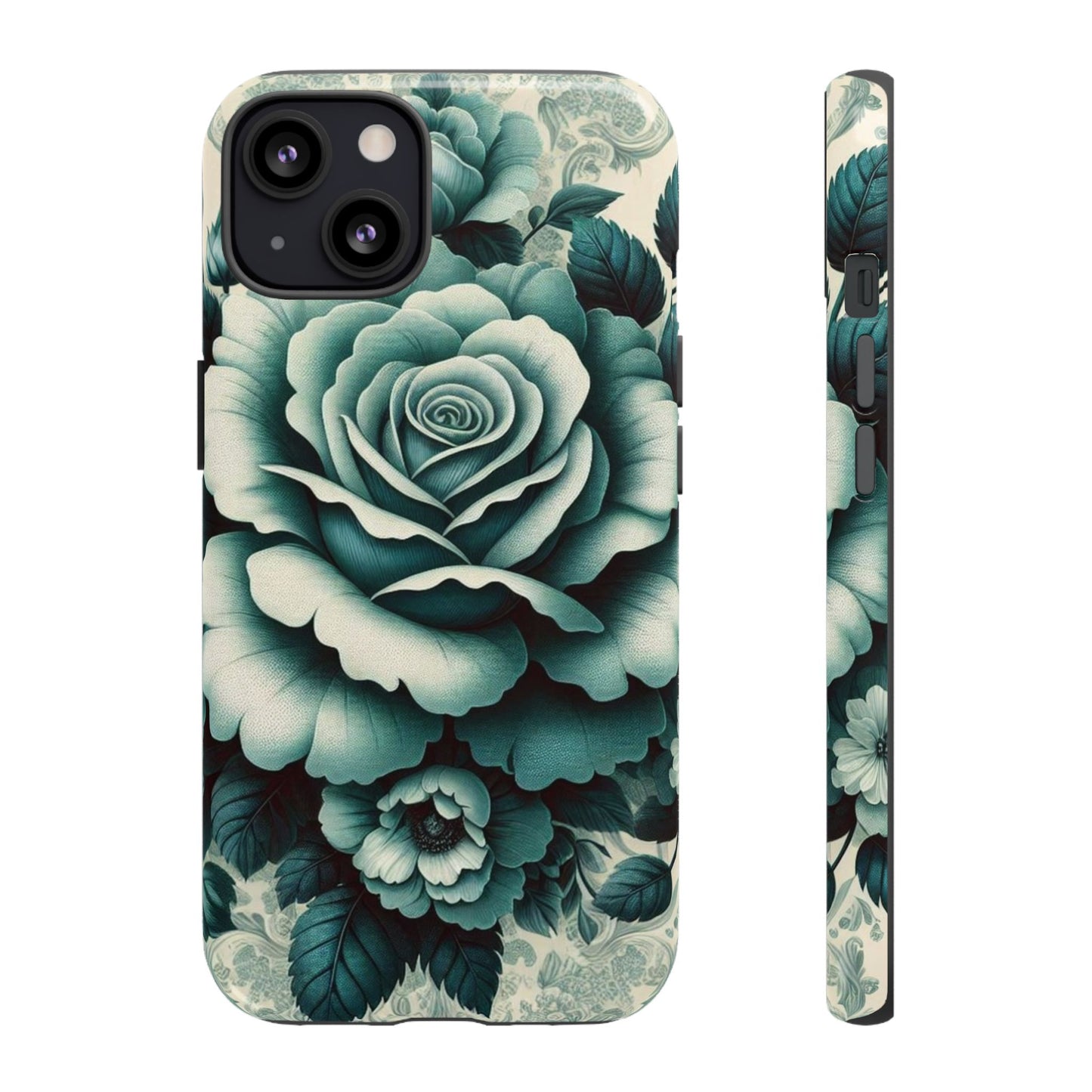 Elegant Floral Motif Phone Case - Tough Cases with Vintage Design - Teal Roses & Damask