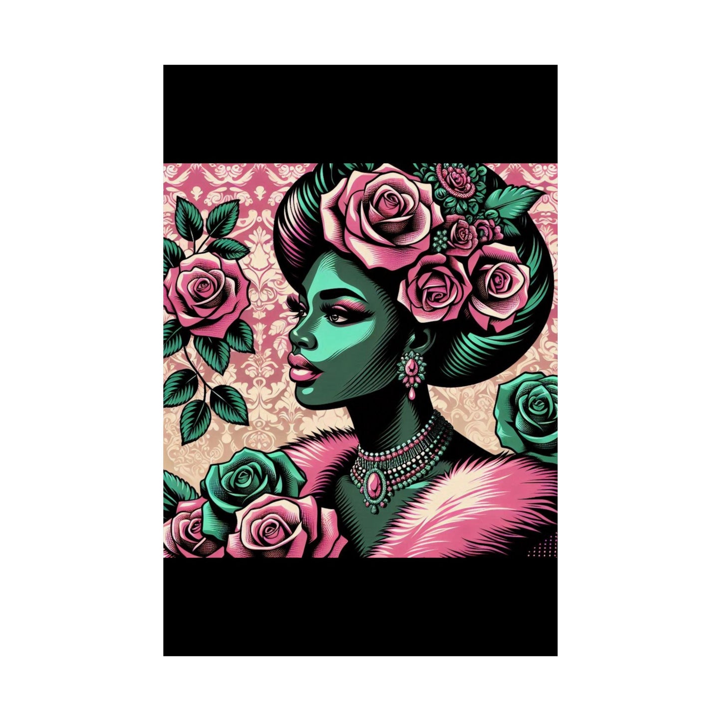 Floral Afro Art Poster - Elegant Matte Vertical Wall Decor - Emerald Green Lady With Damask & Roses