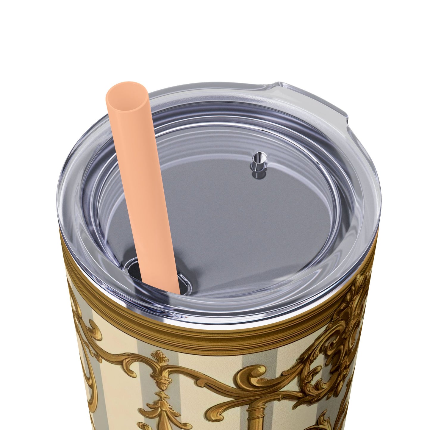 Elegant Vintage Skinny Tumbler with Straw, 20oz - Golden Baroque Design for Weddings, Parties - Matte Gray & Cream Striped Gold Baroque