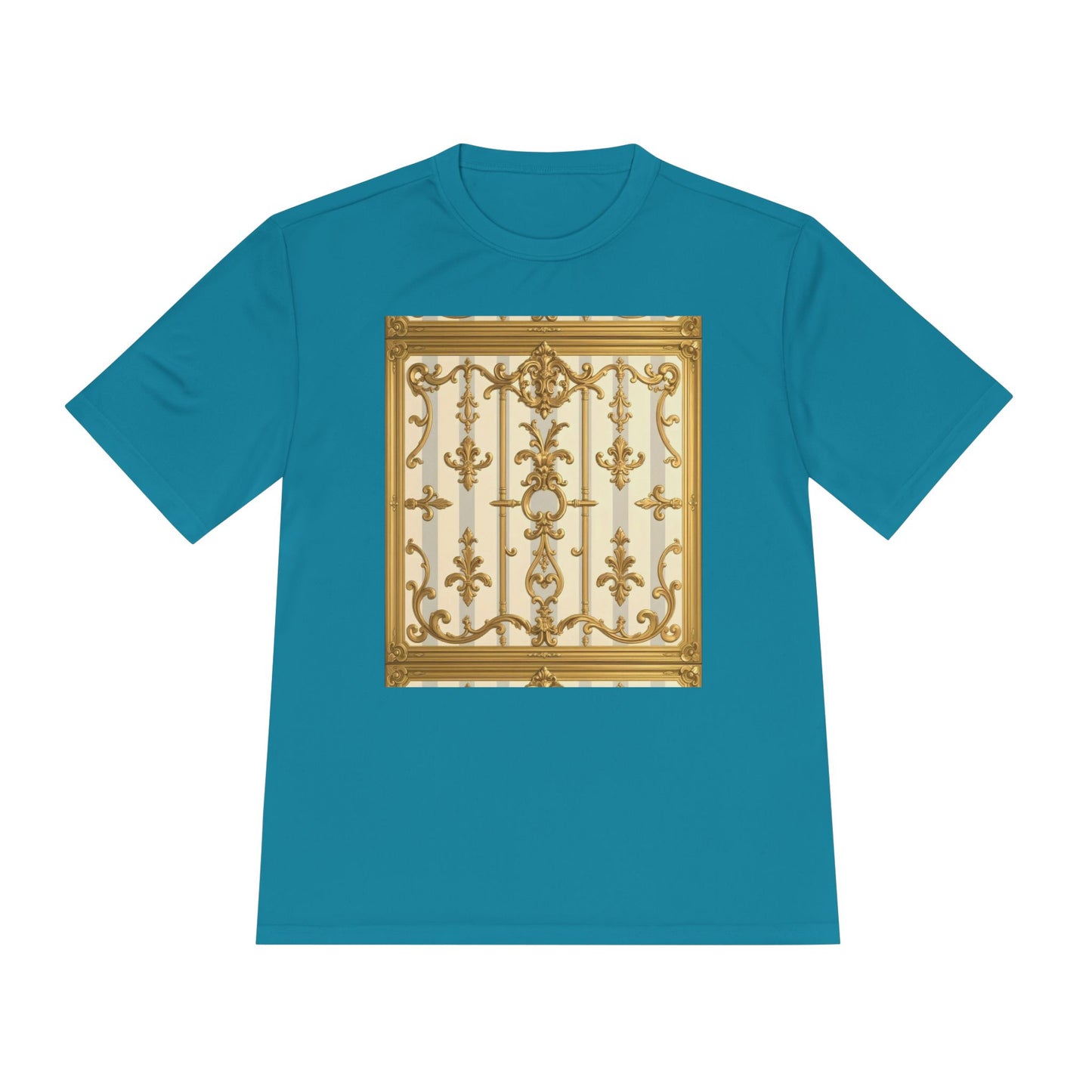 Elegant Gold Unisex Moisture Wicking Tee, Fashion Tee, Workout Shirt, Summer Style - Matte Gray & Cream Striped Gold Baroque