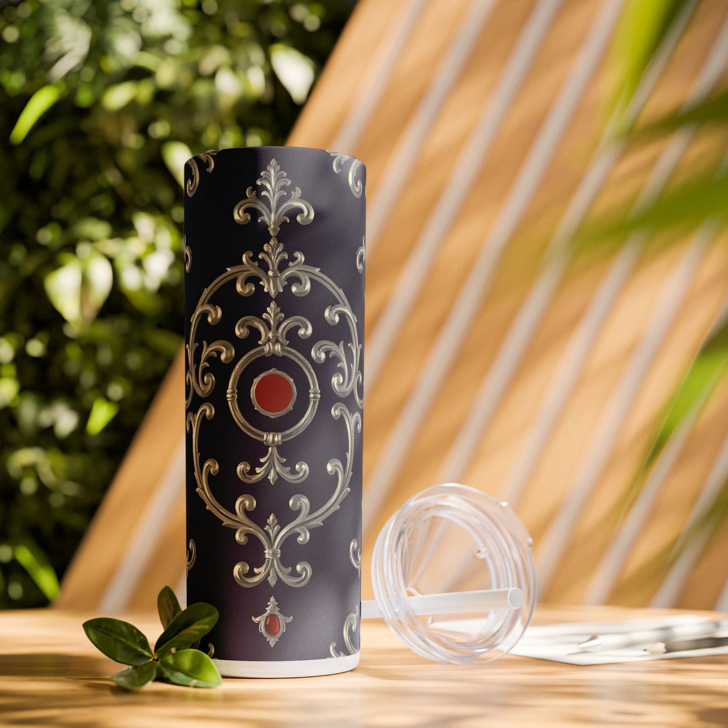 Elegant Patterned Skinny Tumbler with Straw, 20oz - Stylish Travel Mug, Personalized Gift, Wedding Favor - Blue & Red Striped Silver Baroque