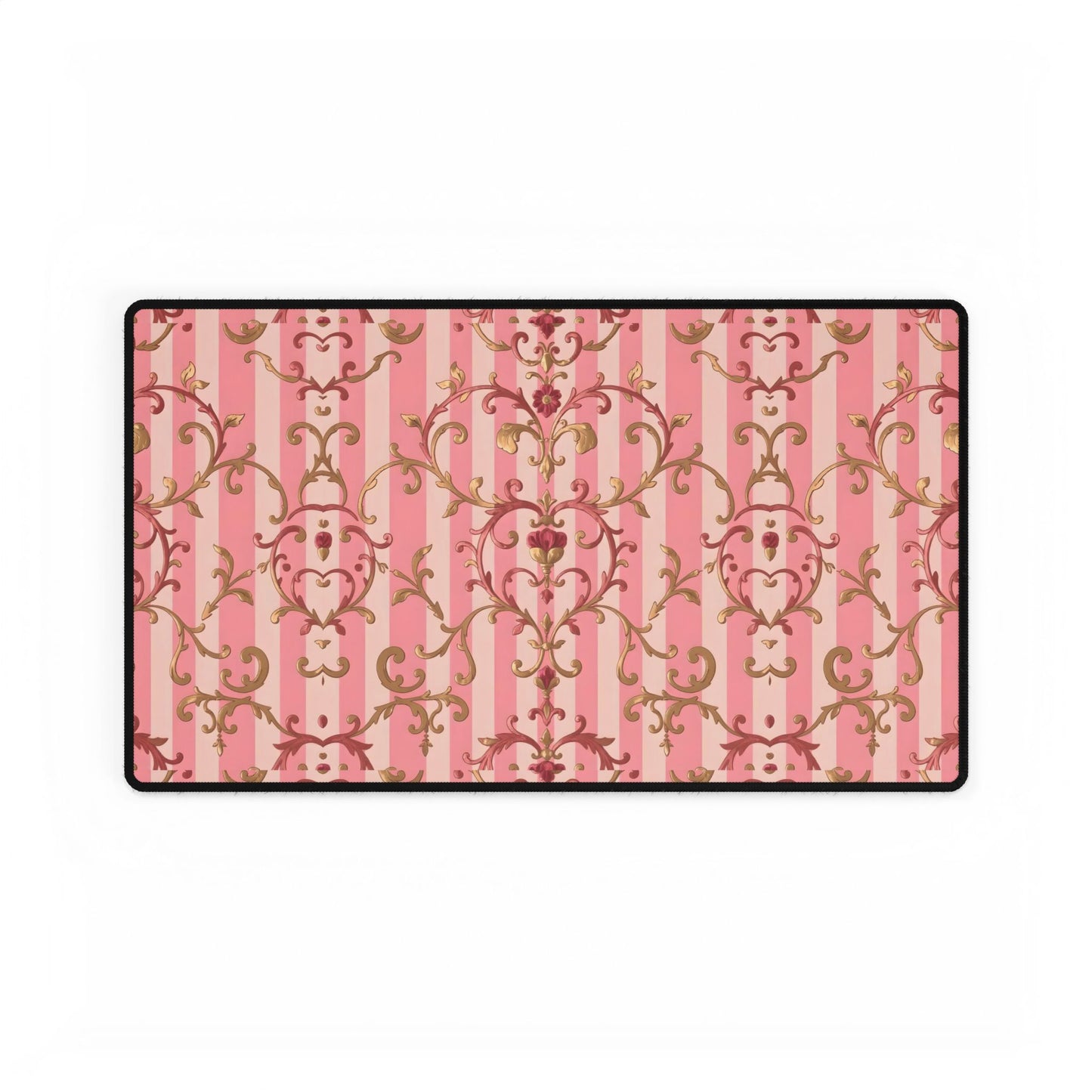 Elegant Floral Motif Desk Mat for Home Office Decor - Pink Striped Rose Gold Damask