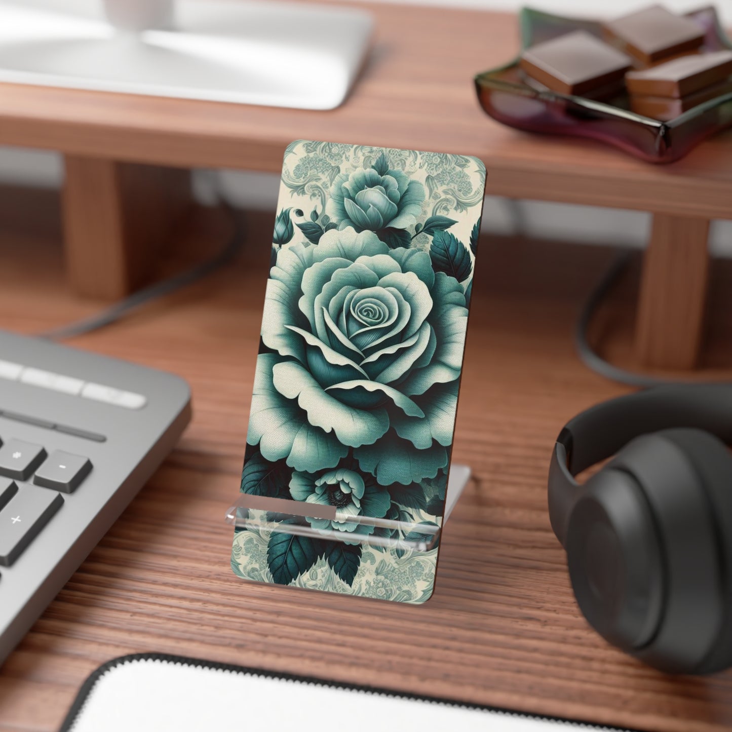 Elegant Floral Motif Smartphone Display Stand - Teal Roses & Damask - Decorative Mobile Holder