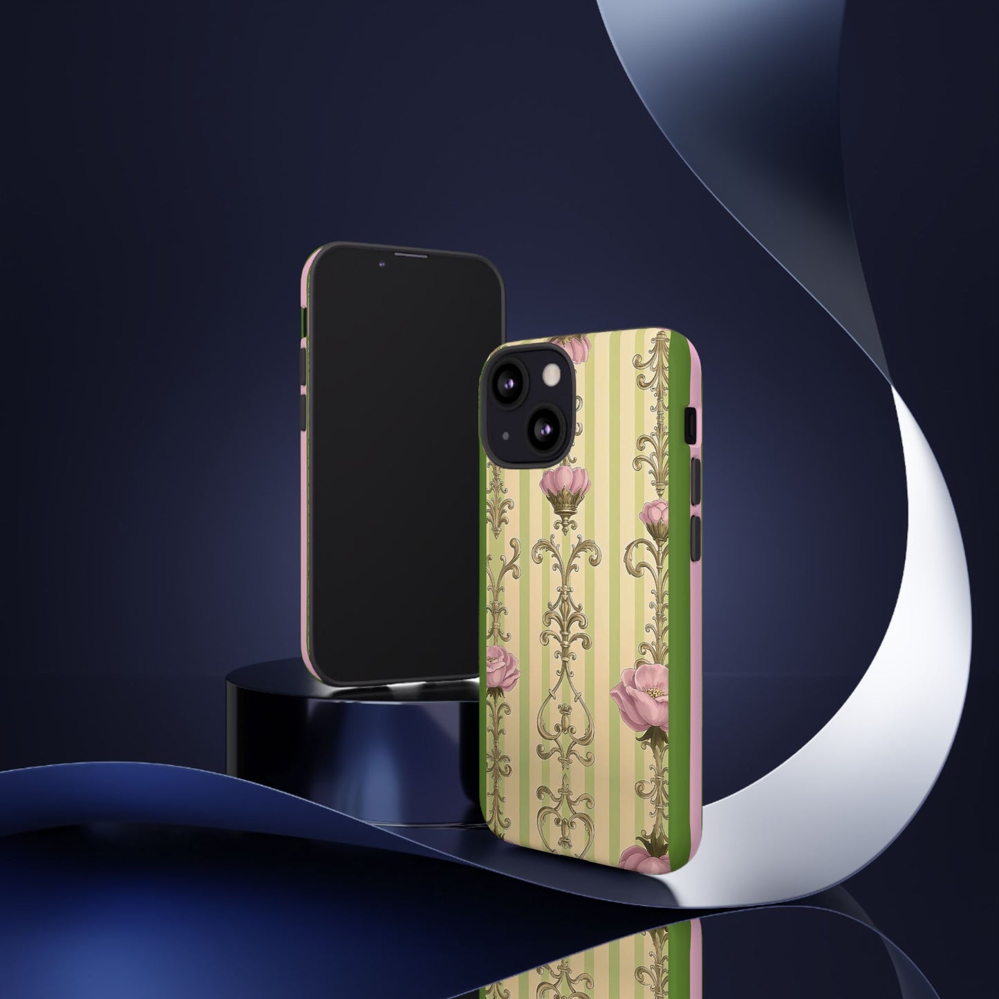 Elegant Floral Motif Phone Case - Tough Cases with Vintage Design - Lime Green & Pink Striped Damask