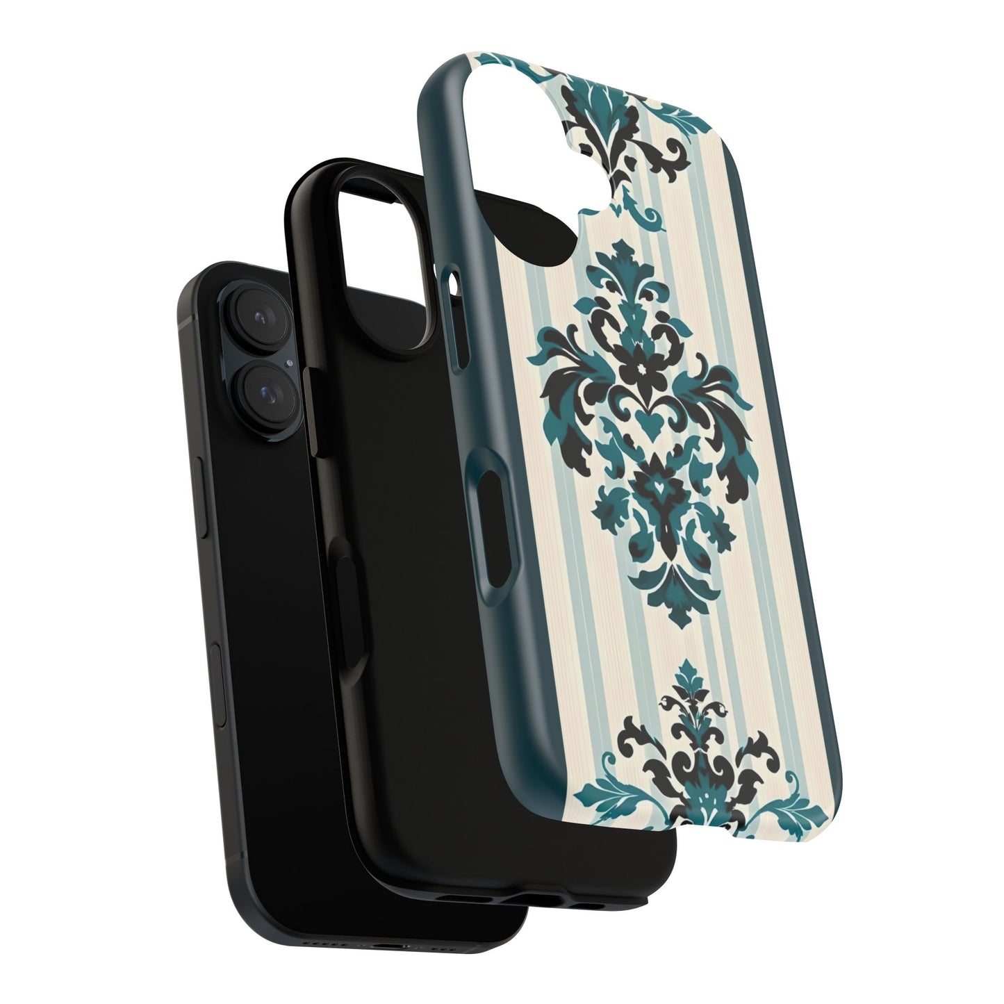 Elegant Floral Phone Case - Tough Cases with Vintage Design - Teal Striped Damask