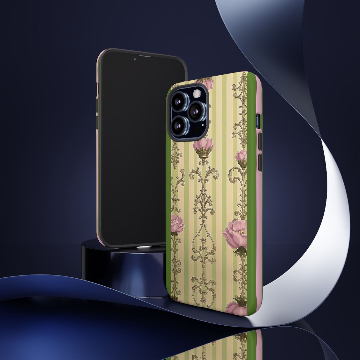Elegant Floral Motif Phone Case - Tough Cases with Vintage Design - Lime Green & Pink Striped Damask