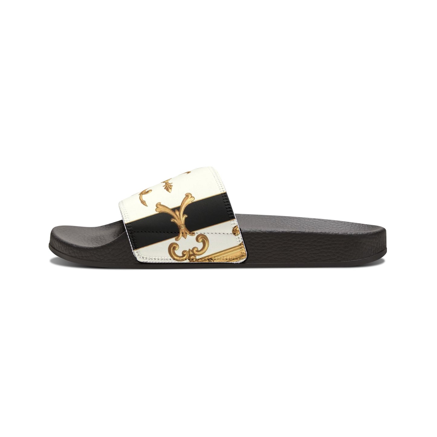 Stylish Women's Removable-Strap Sandals - Trendy Summer Slippers, Vacation Footwear, Casual Style - Black & White Striped Gold Baroque